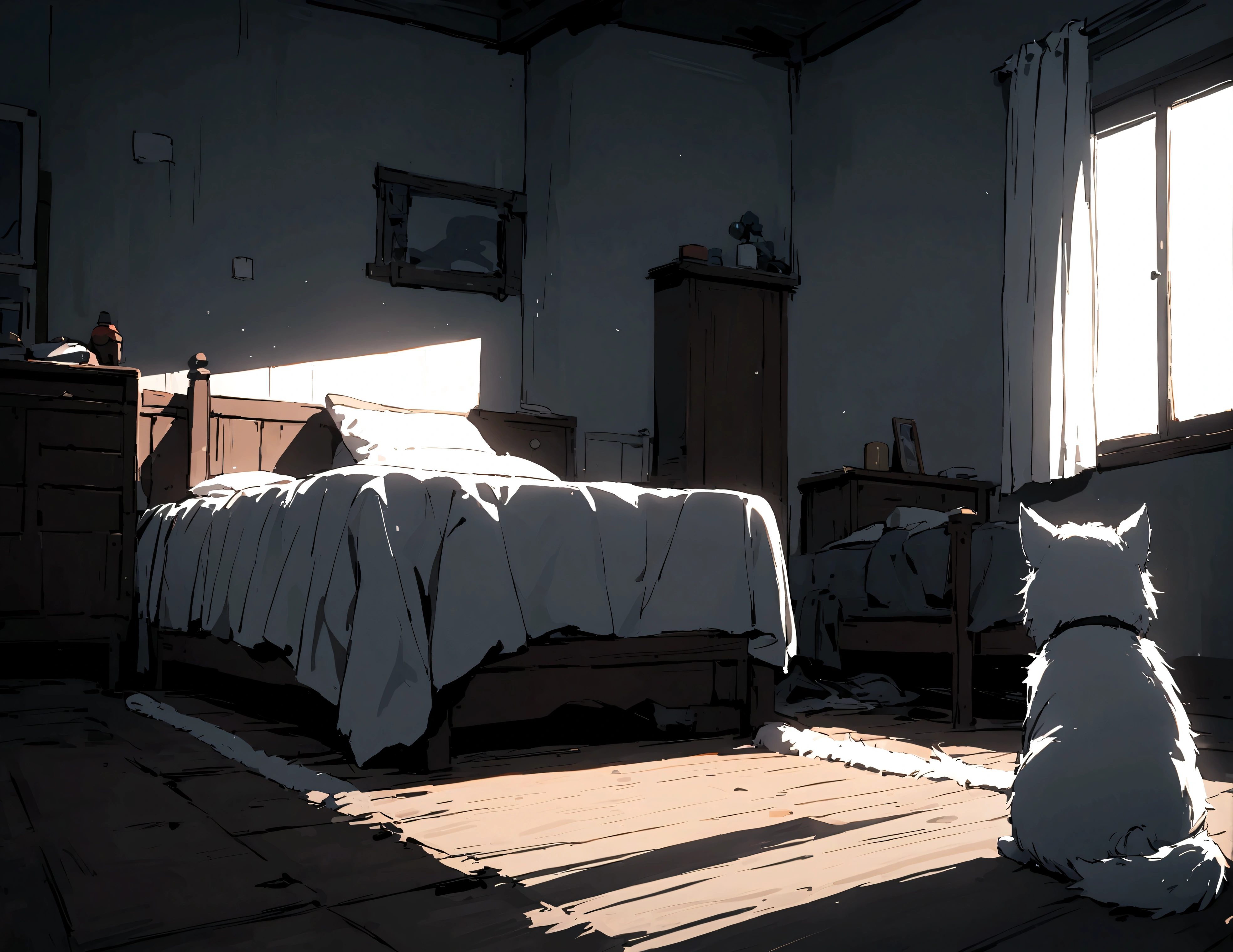 small white dog from front wagging tail sitting on the floor, next to bed, inside a room