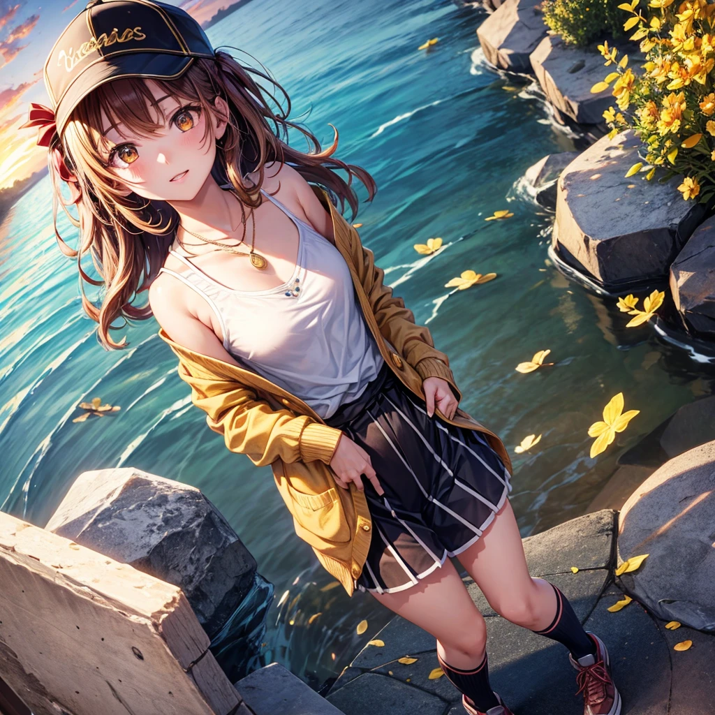 Red, brown, gold, gold hair、Golden Eyes、Hair tied up、One good looking girl、solo、anime、Checkered mini skirt、Ruffles on the skirt、camisole、camisole、Lightweight cardigan、Black knee-high socks、Wearing a baseball cap、Ribbon、Ribbon on waist、Teeth are visible、Sunset sky、Cumulonimbus、Silver coin necklace、shine、From above、Sparks are flying、tunnel、Cobblestones、Hands in pockets、waterfall、Clear Stream