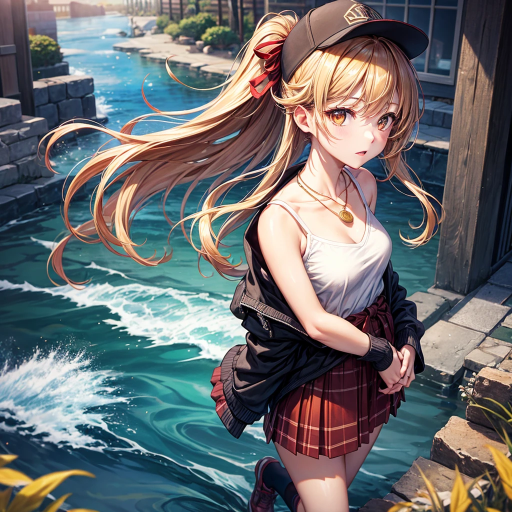 Red, brown, gold, gold hair、Golden Eyes、Hair tied up、One good looking girl、solo、anime、Checkered 、Ruffles on the skirt、camisole、camisole、Lightweight cardigan、Black knee-high socks、Wearing a baseball cap、Ribbon、Ribbon on waist、Teeth are visible、Sunset sky、Cumulonimbus、Silver coin necklace、shine、From above、Sparks are flying、tunnel、Cobblestones、Hands in pockets、waterfall、Clear Stream