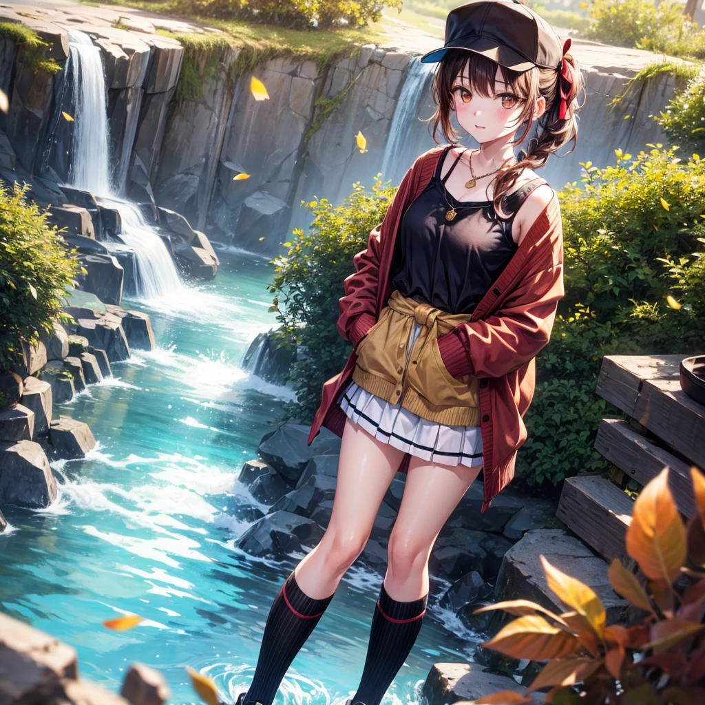 Red, brown, gold, gold hair、Golden Eyes、Hair tied up、One good looking girl、solo、anime、Checkered mini skirt、Ruffles on the skirt、camisole、camisole、Lightweight cardigan、Black knee-high socks、Wearing a baseball cap、Ribbon、Ribbon on waist、Teeth are visible、Sunset sky、Cumulonimbus、Silver coin necklace、shine、From above、Sparks are flying、tunnel、Cobblestones、Hands in pockets、waterfall、Clear Stream