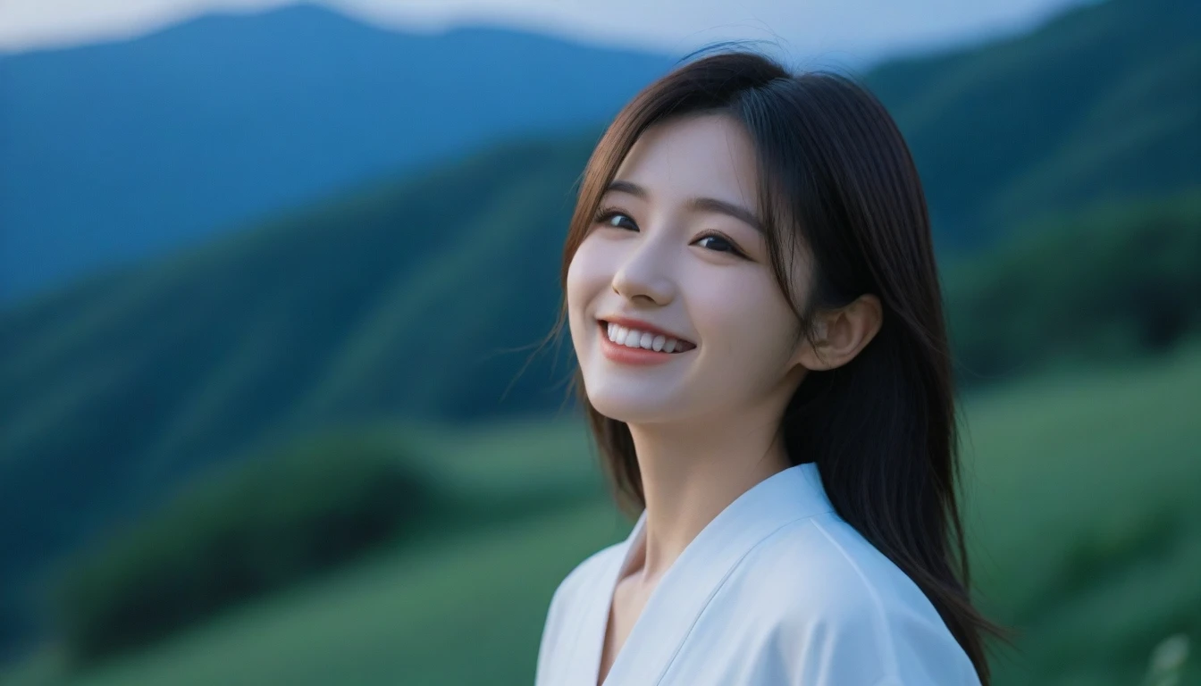 8K, Ultra-high resolution, Highest quality, masterpiece, 三分割法によるphotograph,Surreal, photograph, 1 girl, (16 years old:1.3), pretty girl, Cute face, Beautiful eyes in every detail, 細かくdetailedに,masterpiece,, One Girl:1.2, Japan Female Announcer,whole body,Young Wife,Girl with her back to the camera, Blue atmosphere dusk, Field, forest、Full of cleanliness,A carefree smile,Healing the heart,Semi-long layered hair,Looking at the audience、beauty,Long neck、Laugh a little、Please close your mouth and laugh、(((Ideal body type))),A-cup small breasts :2,、Portraiture:2、Perfect ???????、鮮明なdetailed、detailed、Surreal、Light and shadow,Strong light