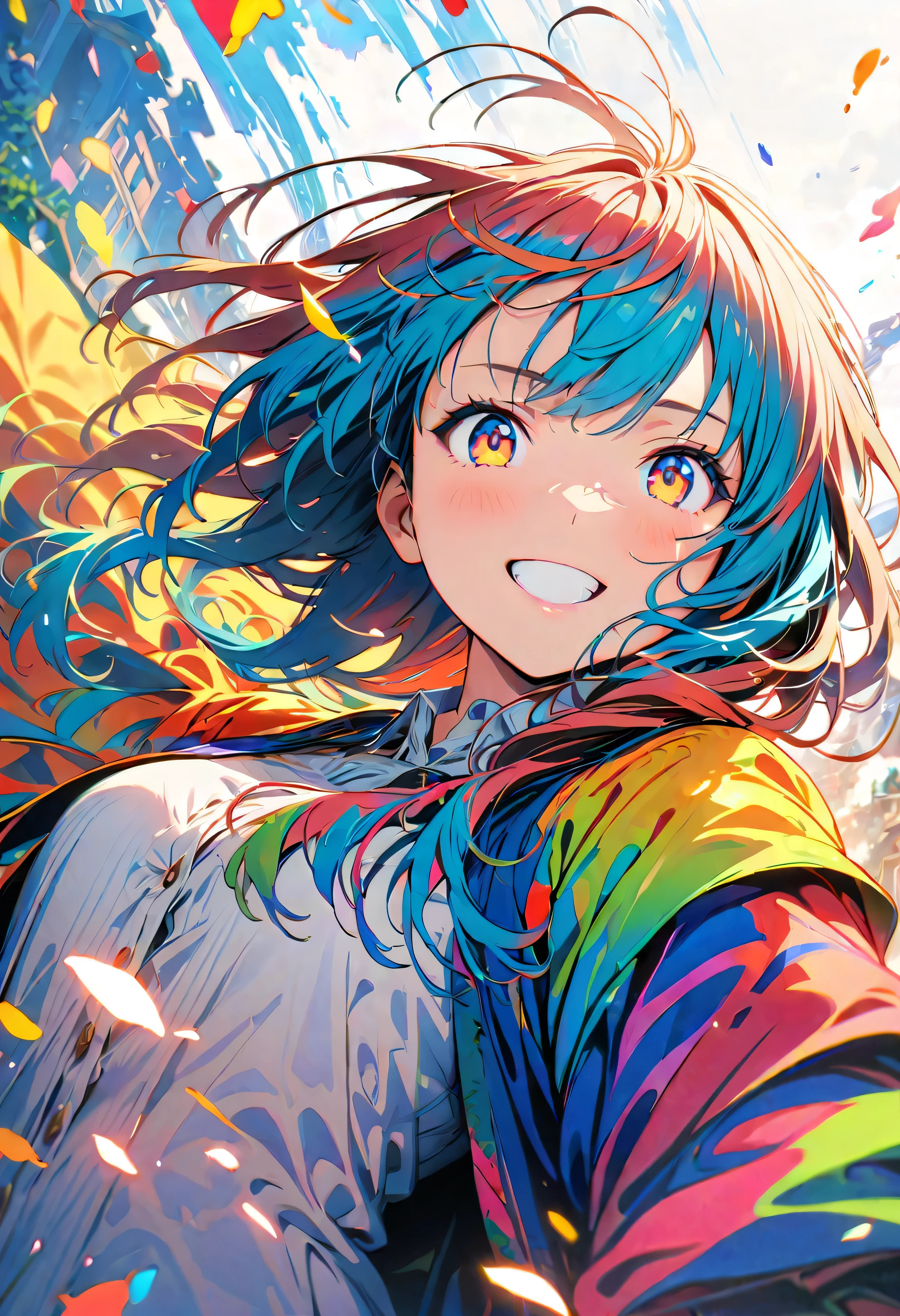 (masterpiece, Highest quality, Official Art:1.2), (colorful), Looking at the audience, One Girl, alone, White Background, floating colorful water, Ultra-fine illustrations, highly detailed, Dynamic Angle, beautiful detailed, 8K, break smiling amidst the colorful scenes, (Highest quality, masterpiece, High resolution, detailed), Anime Style, (Shining Eyes, detailed美しい顔), break,Dynamic Angle