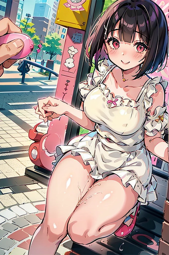 4K,One Girl, MS. end,thin,Very short stature,Very thin thighs,Blunt bangs,Short dress shirt, Half sleeves,Red Suspender Mini Skirt,blush, smile, Bobcut, Black Hair,Vibrant colors, ahegao,A lot of love juice drips down her thighs onto the floor,(remote_play)),remote-vibrating-egg,((Someone else's hand holding a pink round remote control:1.3))、Ecstatic expression,Accurate and detailed female fingers,nsfw,blush,Bitch,masterpiece,,pussy juice