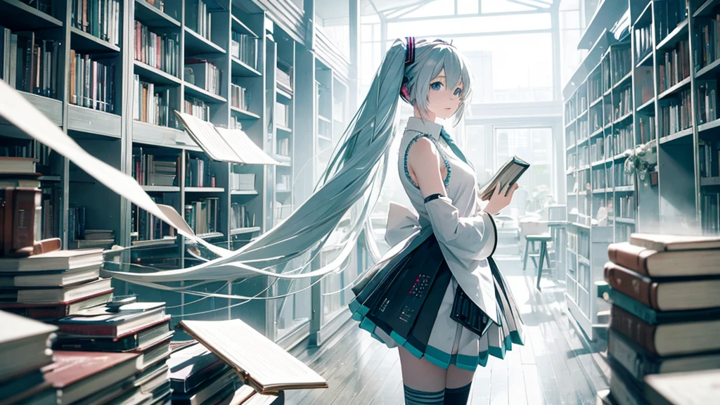 White haired Hatsune Miku、A library with an otherworldly atmosphere where books seem to float in the air