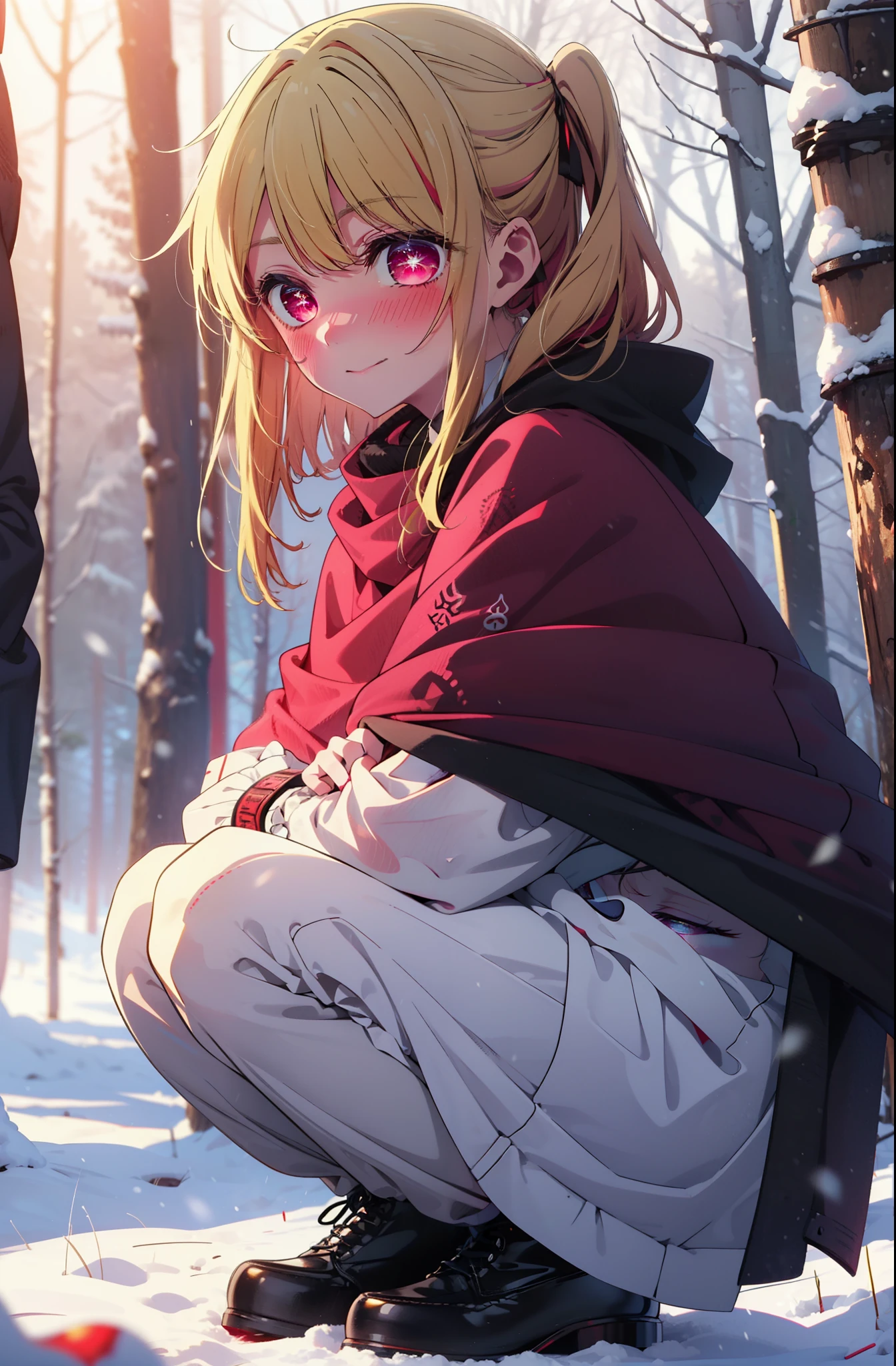 rubyhoshino, Hoshino Ruby, Long Hair, bangs, Blonde, (Pink Eyes:1.3), Side Lock, (Symbol-shaped pupil:1.5), Multicolored Hair, Two-tone hair, smile,,smile,blush,White Breath,
Open your mouth,snow,Ground bonfire, Outdoor, boots, snowing, From the side, wood, suitcase, Cape, Blurred, , forest, White handbag, nature, Squat, Mouth closed, Cape, winter, Written boundary depth, Black shoes, red Cape break looking at viewer, Upper Body, whole body, break Outdoor, forest, nature, break (masterpiece:1.2), Highest quality, High resolution, unity 8k wallpaper, (shape:0.8), (Beautiful and beautiful eyes:1.6), Highly detailed face, Perfect lighting, Highly detailed CG, (Perfect hands, Perfect Anatomy),