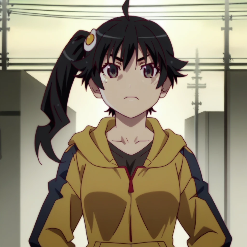 score_9, score_8_up, score_7_up, source anime, prefect lighting, very aesthetic, anime screencap, anime coloring,araragi karen,black hair,ahoge,black eyes,side ponytail,egg hair ornament,upper_body, medium breasts, yellow hooded track jacket,