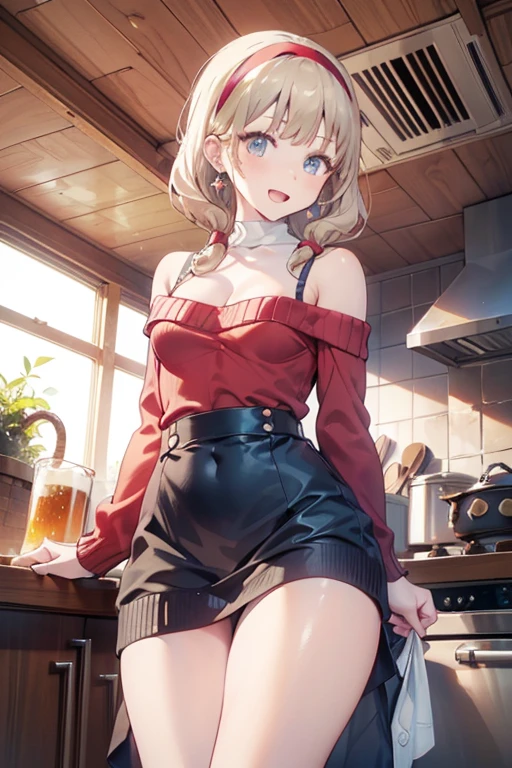(dynamic angle:1.3, front view:1.1, :1.3, from below:1.2), (dynamic posing:1.5, sexy posing:1.3, leaning forward), ( smiling:1.3),masterpiece, 1girl, (pointed chest:1.3), cleavage:1.1,(double breasted:1.2,under bust:1.2), Amazing Cleavage:1.3, thin waist, big ass, Raised sexy, small breast: 1.2 posed cleavage:1.2、solo, looking at viewer, open mouth, have a grass of beergrass,black hair, blue eyes,  shoulders, jewelry, collarbone, sidelocks, hairband, earrings, indoors, (red off shoulder sweater dress:1.3), arms behind back, short hair with long locks, blue white hairband, big side hair, very long side hair is rendered in (masterpiece: 1.2, best quality), with (ultra high resolution) and an exquisite (depth of field). This masterpiece is not only visually stunning but also tells,A scene of cooking in the kitchen
