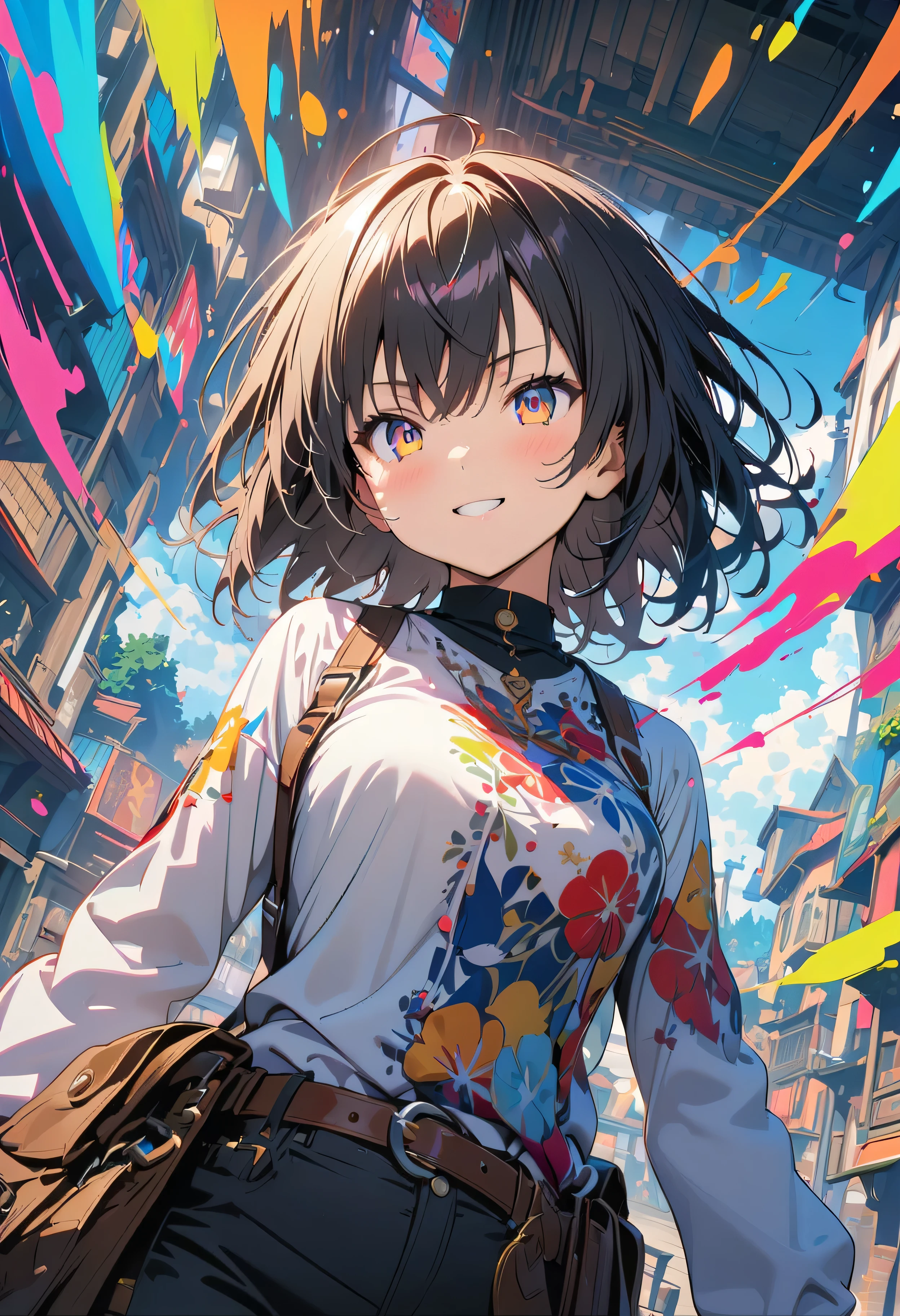 (masterpiece, Highest quality, Official Art:1.2), (colorful), Looking at the audience, One Girl, alone, White Background, floating colorful water, Ultra-fine illustrations, highly detailed, Dynamic Angle, beautiful detailed, 8K, break smiling amidst the colorful scenes, (Highest quality, masterpiece, High resolution, detailed), Anime Style, (Shining Eyes, detailed美しい顔), break,Dynamic Angle