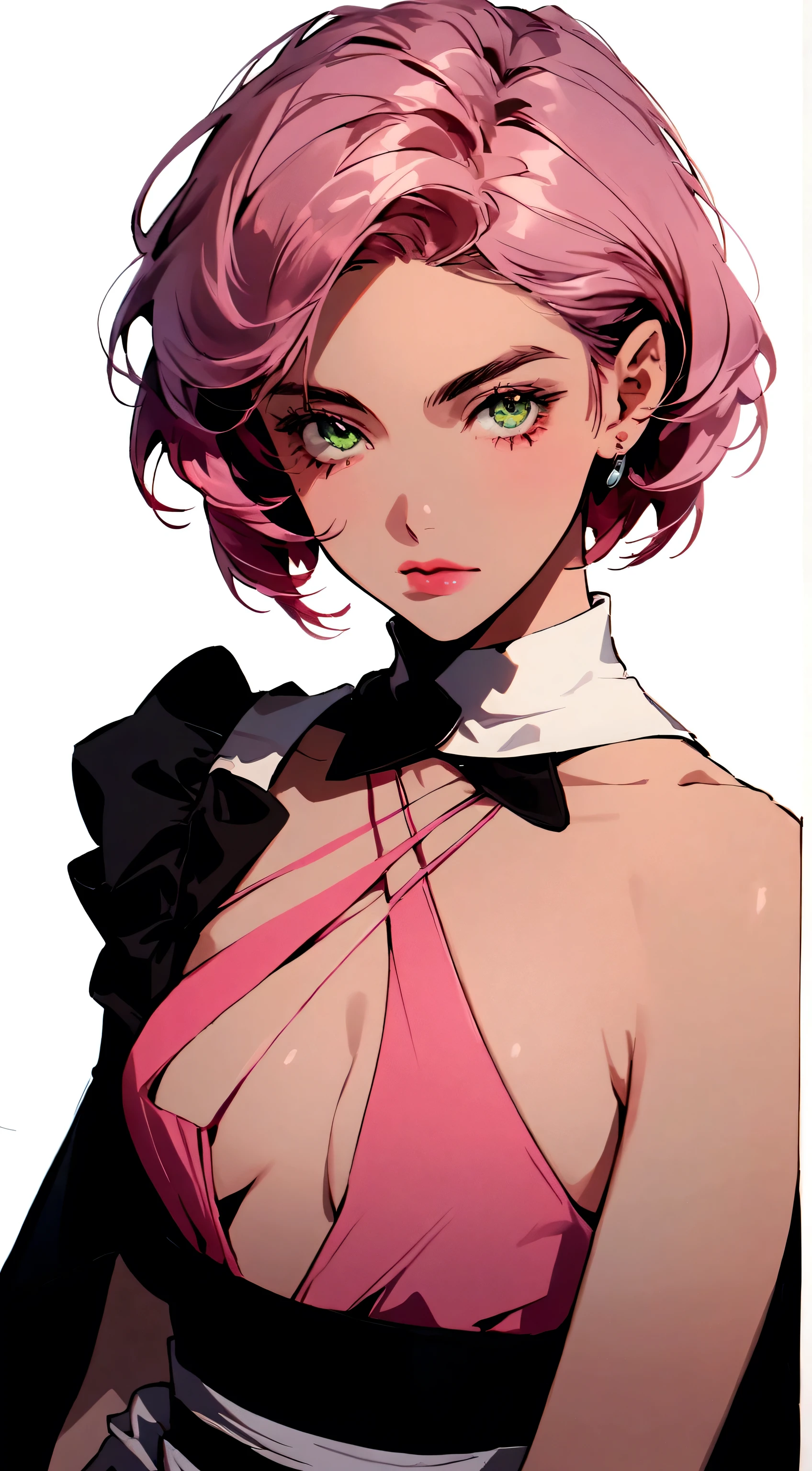 Alisa bosconovitch android of Russian origin, iris of green sparkling eyes, best qualityer, contemporary, flat style, minimalism, Illustrates??the green-eyed plane, pink  hair, shorth hair, multicolored wildly hair, black jersey, mechanical wings, Close-U head portrait, pointed chest, neckleace, super neckleace, medium breasts, tekken, pink  hair pastel, 1 girl, in kimono, hand painted, Colorless line drawing, pastel yandere colorful, tekken, Garota super fofa de pink  hair com maquiagem gótica ao lado, slender figure, chunky, He sat on the floor, Very Shorthair, with cat ears, quadratic element, pink kawaii in 1910 era clothing, Alisa Bosconovich's pink lips, no style da soft core palette aurorapunk, an anime illustration of your face, animated gifs, hand drawn animation, charming sketches, smooth and shiny, hazy romanticism, Superflat style, perspective, close up, turnado, From the side Side, From  above, cut-in, perspective atmosférica
