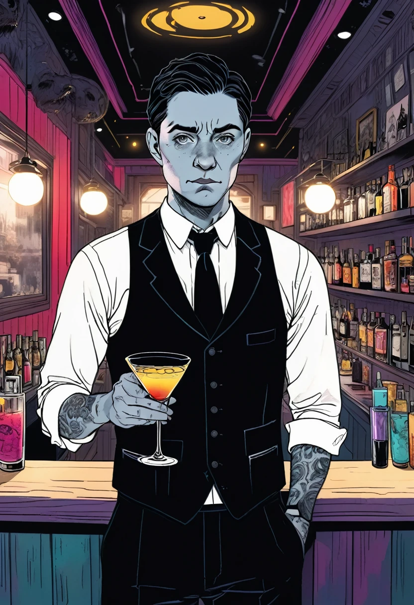 In a remote mountain bar run by a wildcat monster、Cheetah bartender shaking a cocktail shaker、Wearing a white shirt, black vest, black bow tie and black slacks、Ultra-realistic、8K、Very detailed、Dramatic lighting、Exquisite detail、Cinematic、Moody atmosphere、Dark and gritty、Sharp focus、Cinematic照明、Photorealistic、Super detailed、masterpiece、Super detailed、Extremely high quality、Realistic Textures、Accurate Details、Bright colors、Intense shadows and highlights、Moody colors、Dramatic Contrast、Cinematic構成、Professional Quality