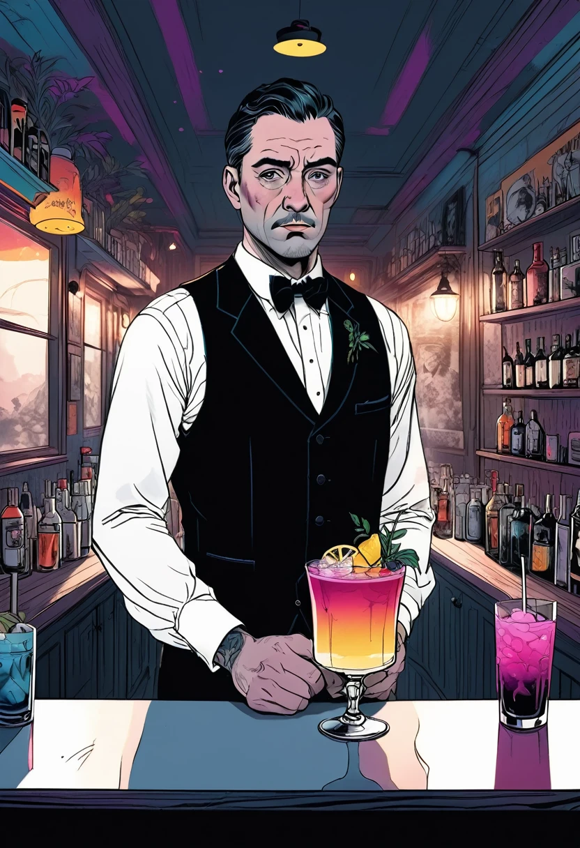 In a remote mountain bar run by a wildcat monster、Cheetah bartender shaking a cocktail shaker、Wearing a white shirt, black vest, black bow tie and black slacks、Ultra-realistic、8K、Very detailed、Dramatic lighting、Exquisite detail、Cinematic、Moody atmosphere、Dark and gritty、Sharp focus、Cinematic照明、Photorealistic、Super detailed、masterpiece、Super detailed、Extremely high quality、Realistic Textures、Accurate Details、Bright colors、Intense shadows and highlights、Moody colors、Dramatic Contrast、Cinematic構成、Professional Quality