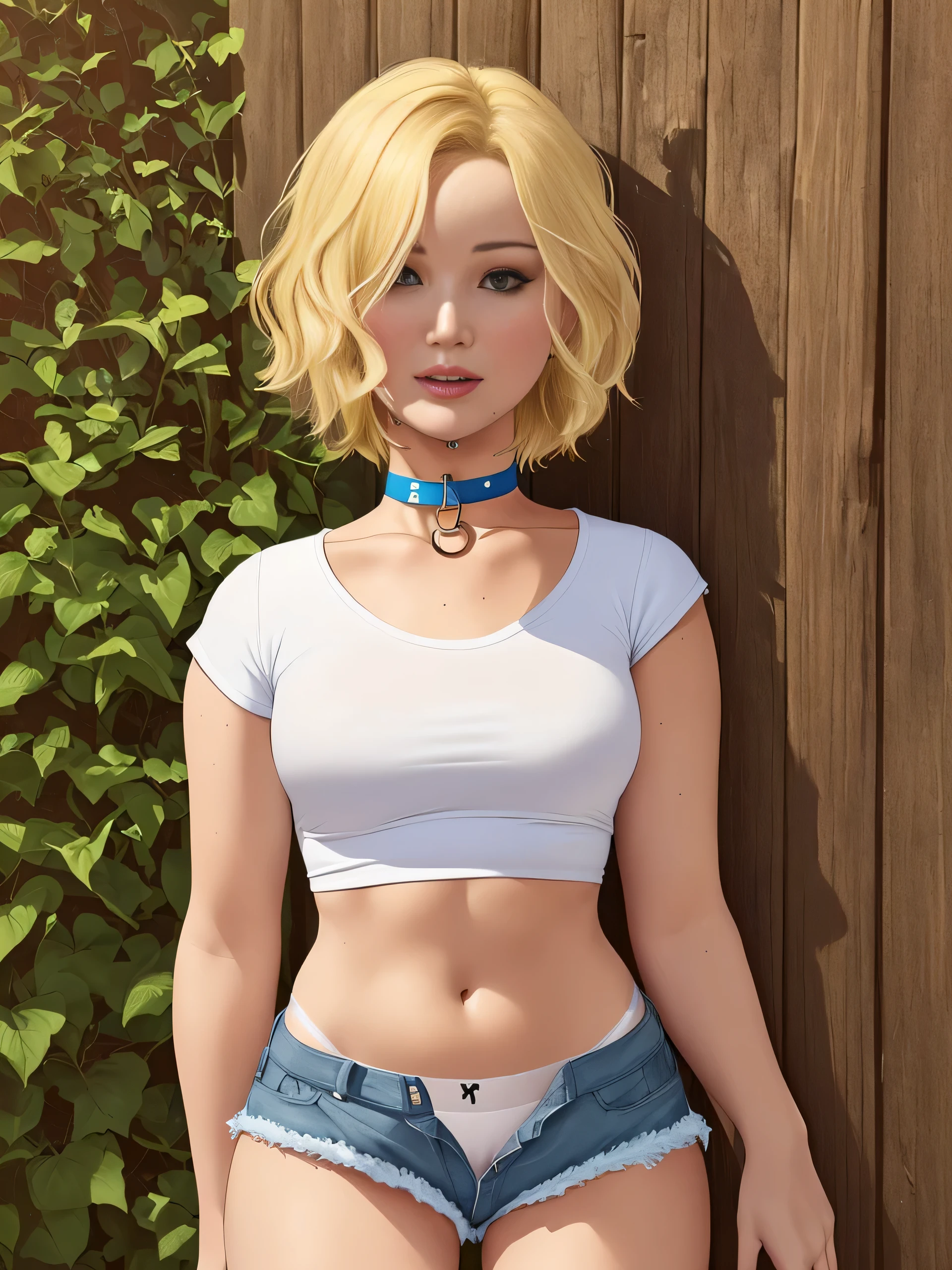 Jennifer Lawrence, (Jennifer Lawrence:1.5), (masterpiece quality, (masterpiece quality:1.3), realistic, (realistic:1.3), 1girl, (1girl:1.9), solo, (solo:1.9), on a farm, barn in background, sunny day, blonde hair, (blonde hair:1.5), shoulder-lengeth hair, (shoulder-length hair:1.5), wearing a white shirt, (white shirt:1.5), wearing blue Jean shorts, (blue Jean shorts panties:1.5), wearing choker collar, (choker collar:1.5), midriff, (midriff:1.5), sexy pose, 