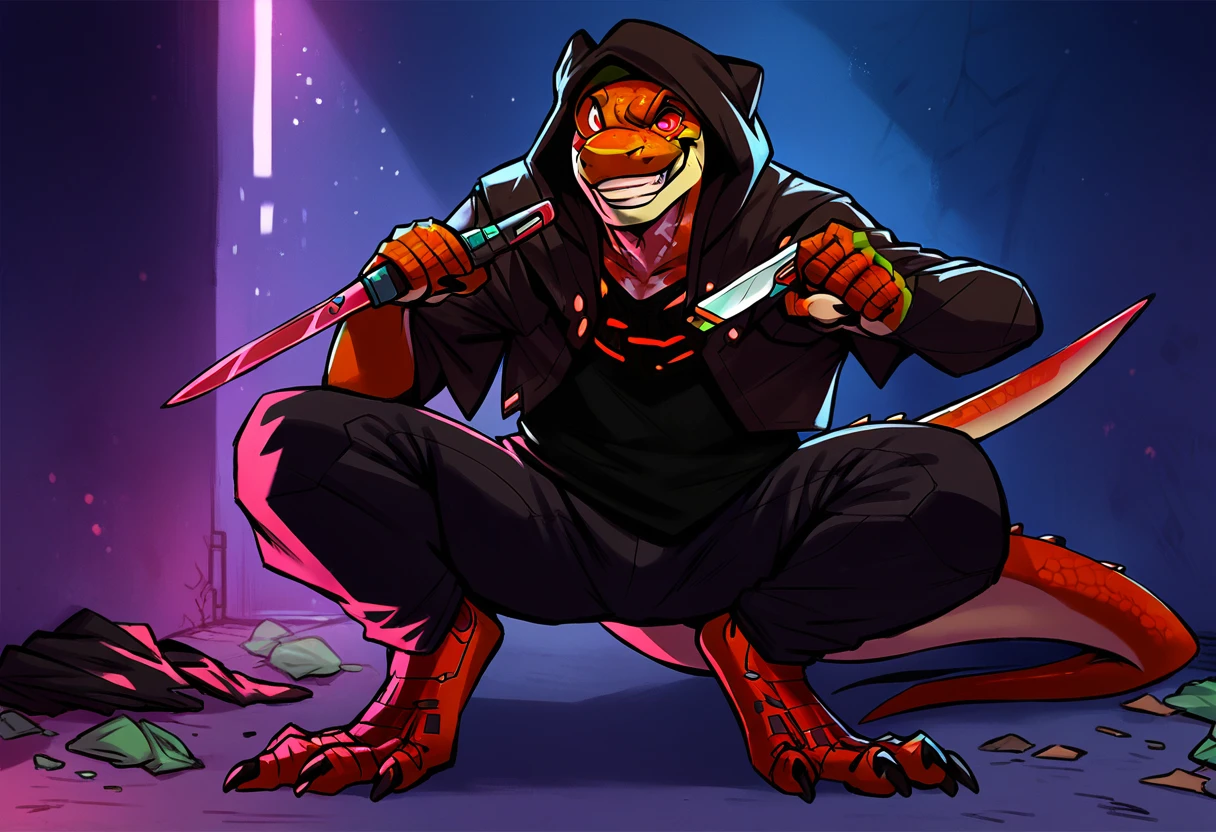 score_9, score_8_up, score_7_up, (cyberpunk, dark night, underground dark room background), (trash, ((lizard:1.2), anthro, male, solo, ((crazy smile, grin)), ((holding knife)), (Squatting, on their haunches), ((wearing cyberpunk style black clothes, hood, hoody, pants:1.5)), lizard skin, lizard scales, short haircut, beautiful), (wearing a cyberpunk augmentations, eyes implants, red eye:1.35)
