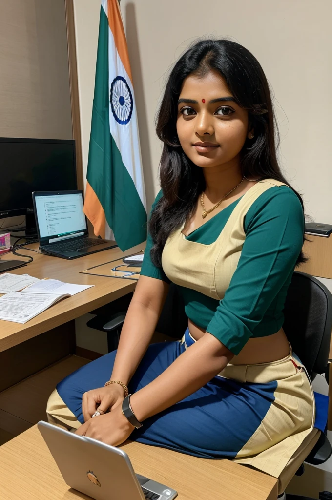 An Indian women SDM office who is sitting on her office. Flag of India and Ashok chakra on her table. She is busy on her work. She is 26 year old.