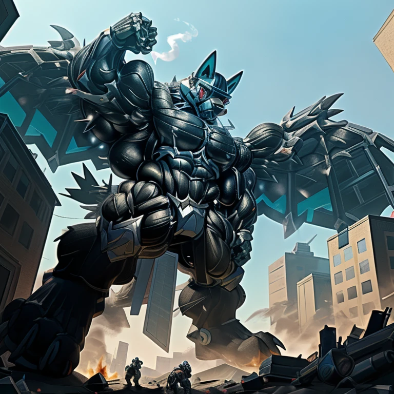 (masterpiece. official art. 8k. best quality. detailed full body. full body.)
(situation 1 : dominating LUCARIO. focus GIANT mechanical Muscular LUCARIO is trampling the CITY. macro. stomp. Low-angle perspective. emphasizing the immense size. The perspective is from below, emphasizing the sheer majesty and power of the Giant. giant art. He is much bigger than a skyscraper. Giga Giants. micro soccer field. looking down.)
(situation 2 :smoke and flames rising from the destruction in the city)
(Additional details 1: wearing a full-face helmet. helmet is jet black. The color of NANOSUIT is jet black. high-tech bio-mecha armor. real texture material. whole body shines like metal. Wearing cyberpunk mecha. emphasizes the muscles. suit fully made of metal. intricate armor. Robotic suit. suit fully made of metal. NANOSUIT with the same design as LUCARIO.). (Lucario has 5 toes.)
(Additional details 2: (Detailed head. Detailed Body. Detailed abs. gigantic muscles. HYPER MUSCLES. Gigachad Muscular. big muscle. pecs. triceps. traps. unusually developed muscular body. body full of huge muscles. showing off muscles. pectorales enormes. Exaggeratedly huge muscles. huge muscles. long legs.).
(Additional details 3: nj5furry, Spread wings. It has wings. black have big wings. The claws are sharp. Sharp teeth.5 toes.).