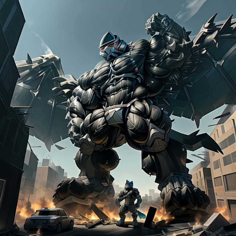 (masterpiece. official art. 8k. best quality. detailed full body. full body.)
(situation 1 : dominating LUCARIO. focus GIANT mechanical Muscular LUCARIO is trampling the CITY. macro. stomp. Low-angle perspective. emphasizing the immense size. The perspective is from below, emphasizing the sheer majesty and power of the Giant. giant art. He is much bigger than a skyscraper. Giga Giants. micro soccer field. looking down.)

(situation 2 :smoke and flames rising from the destruction in the city)

(Additional details 1: wearing a full-face helmet. helmet is jet black. The color of NANOSUIT is jet black. high-tech bio-mecha armor. real texture material. whole body shines like metal. Wearing cyberpunk mecha. emphasizes the muscles. suit fully made of metal. intricate armor. Robotic suit. suit fully made of metal. NANOSUIT with the same design as LUCARIO.). (Lucario has 5 toes.)

(Additional details 2: (Detailed head. Detailed Body. Detailed abs. gigantic muscles. HYPER MUSCLES. Gigachad Muscular. big muscle. pecs. triceps. traps. unusually developed muscular body. body full of huge muscles. showing off muscles. pectorales enormes. Exaggeratedly huge muscles. huge muscles. long legs.).

(Additional details 3: nj5furry, Spread wings. It has wings. black have big wings. The claws are sharp. Sharp teeth.5 toes.). 