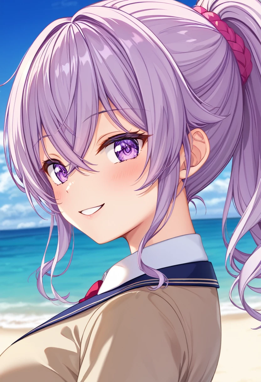 (((masterpiece)))(((Highest quality)))(((8K)))(((4K)))One Little Girl、12 years old、Straight Hair、Pink high ponytail、Crossed bangs、Light purple eyes、Squint your eyes、smile、Cute JK Uniform、Diagonally from behind、turn around、Upper Body、Anime Style、