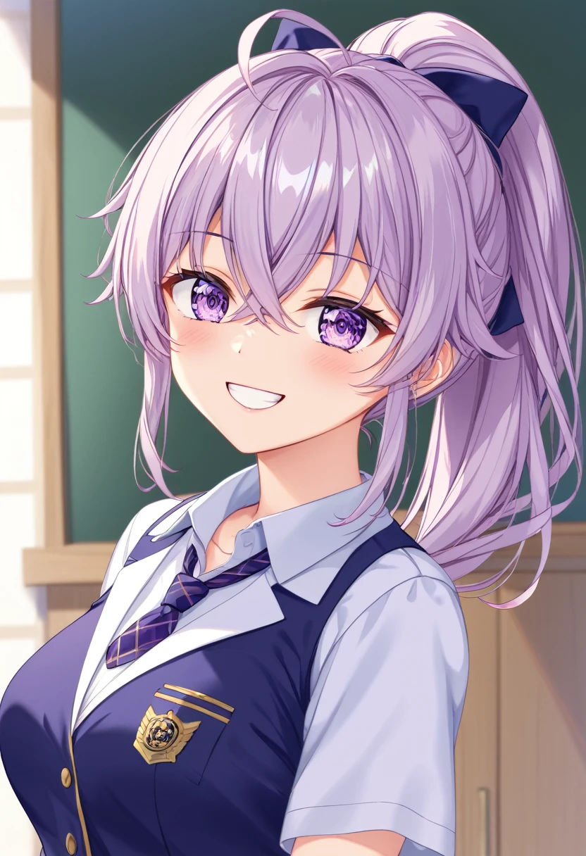 (((masterpiece)))(((Highest quality)))(((8K)))(((4K)))One Little Girl、12 years old、Straight Hair、Pink high ponytail、Crossed bangs、Light purple eyes、Squint your eyes、smile、Cute JK Uniform、Diagonally from behind、turn around、Upper Body、Anime Style、