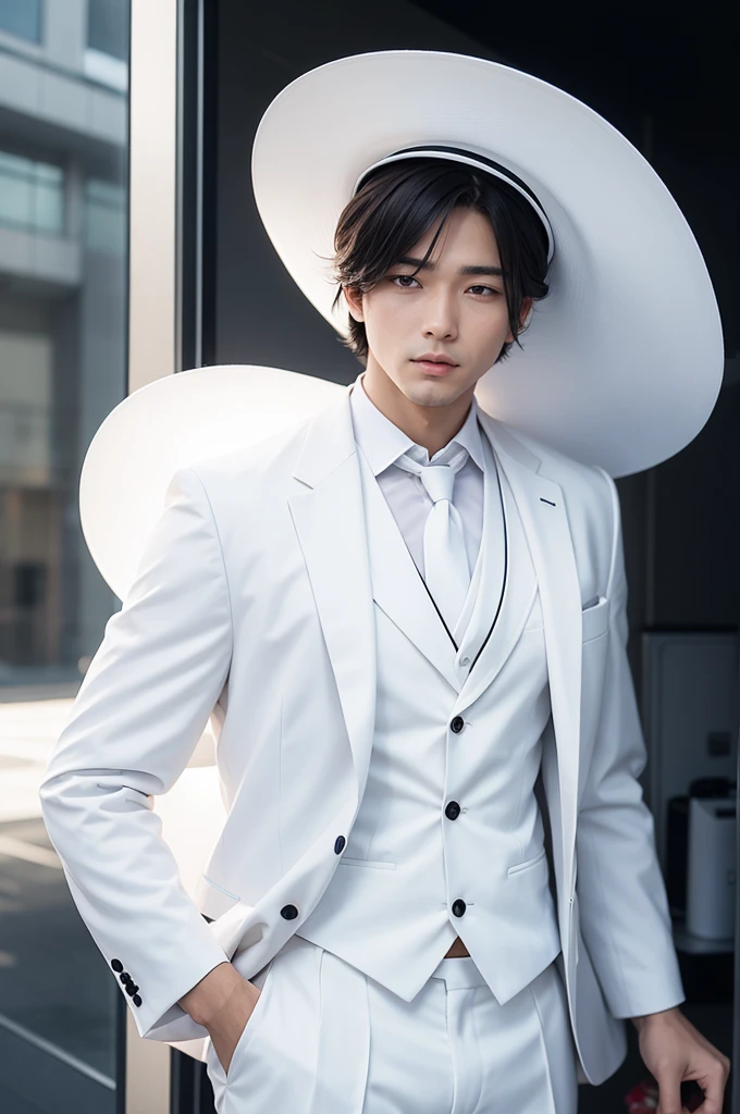 Man in white suit, and white hat, Make it anime-style 