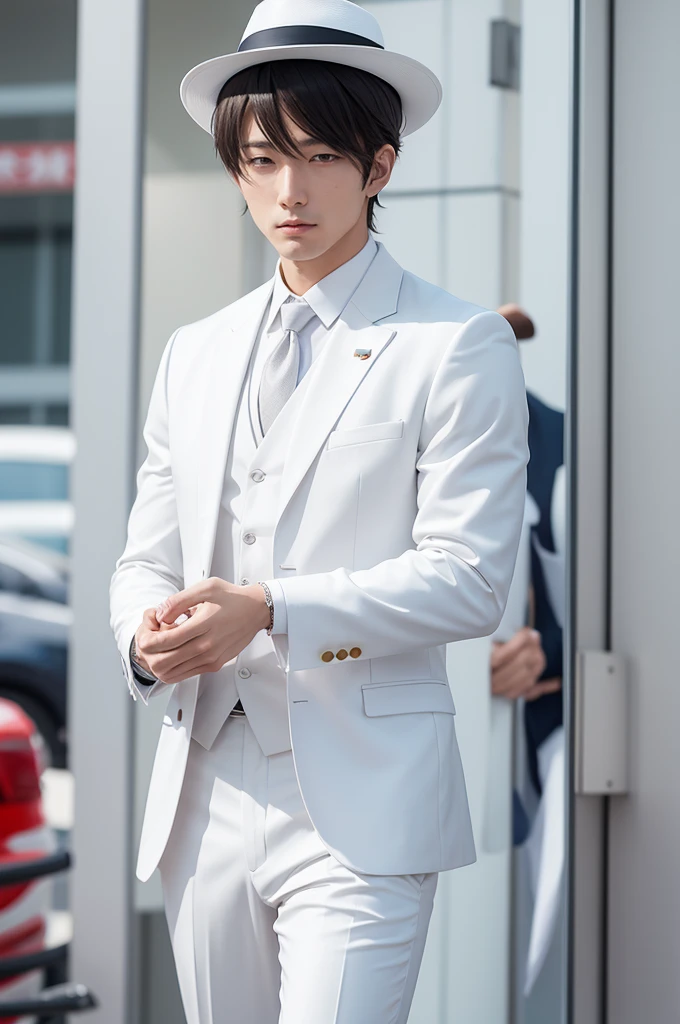 Man in white suit, and white hat, Make it anime-style