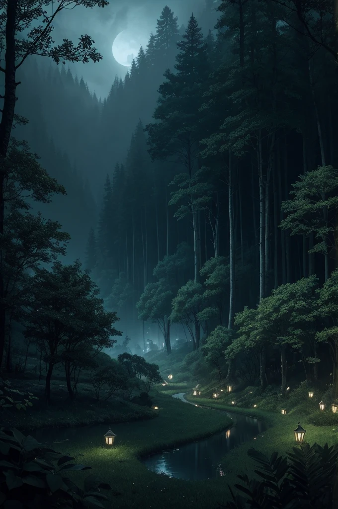 **Whispers in the Dark Forest:**
   - "A panoramic view of a peaceful village at night, with the dark forest in the background. Sinister whispers and laughter seem to emanate from the depths of the forest, creating an atmosphere of suspense and mystery in contrast to the serenity of the village."