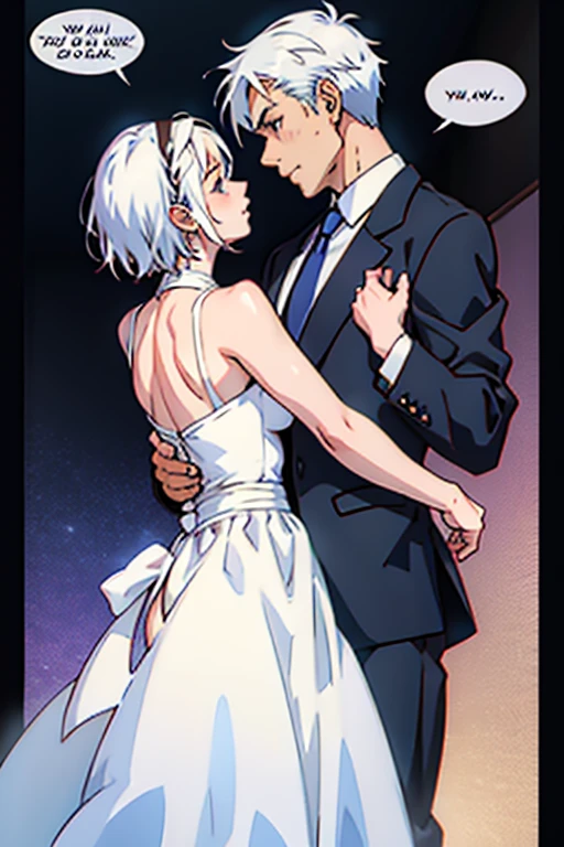 Girl with short white hair small and really skinny, slow dancing with a man , manga page with panels and dialogue