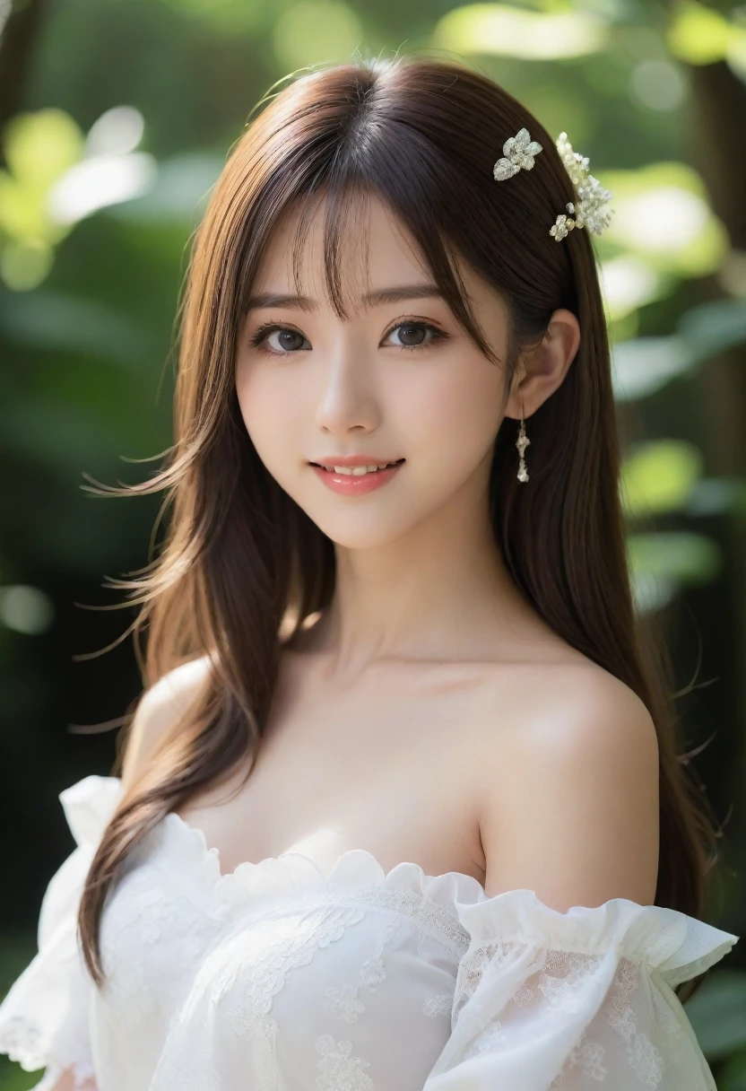 8K, Ultra-high resolution, Highest quality, masterpiece, 三分割法によるphotograph,Surreal, photograph, 1 girl, (:1.3), pretty girl, Cute face, Beautiful eyes in every detail, 細かくdetailedに,masterpiece,, One Girl:1.2, Japan Female Announcer,whole body,Young Wife,Girl with her back to the camera, evening, forest、Full of cleanliness,A carefree smile,Healing the heart,Semi-long layered hair,Looking at the audience、beauty,Long neck、Laugh a little、Please close your mouth and laugh、(((Ideal body type))),A-cup small breasts :2,、Portraiture:2、Perfect Anatomy、鮮明なdetailed、detailed、Surreal、Light and shadow,Strong light