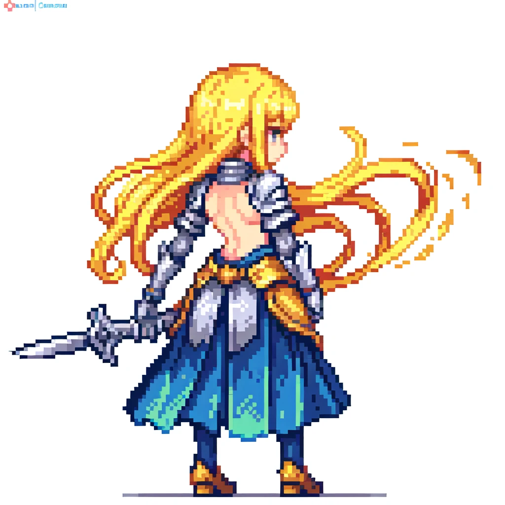 Pixel Art, Big Sword, cute,Back view,Highest quality,One Girl,Fantasy,whole body,White background,Blonde,armor,Long Hair