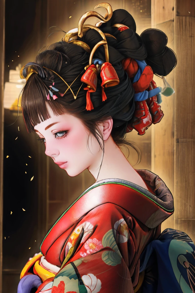 1 Girl, alone, Oiran, Maiko, country, Looking at the audience, short hair, Brown eyes, Brown Hair, Black Hair, hair ornaments, Upper Body, kimono, Blunt bangs, kimono, sash, Compensate, Bob cut hair, ((Bare shoulders)),
