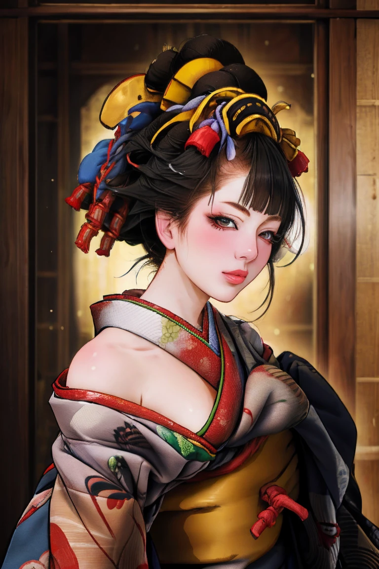 1 Girl, alone, Oiran, Maiko, country, Looking at the audience, short hair, Brown eyes, Brown Hair, Black Hair, hair ornaments, Upper Body, kimono, Blunt bangs, kimono, sash, Compensate, Bob cut hair, ((Bare shoulders)),