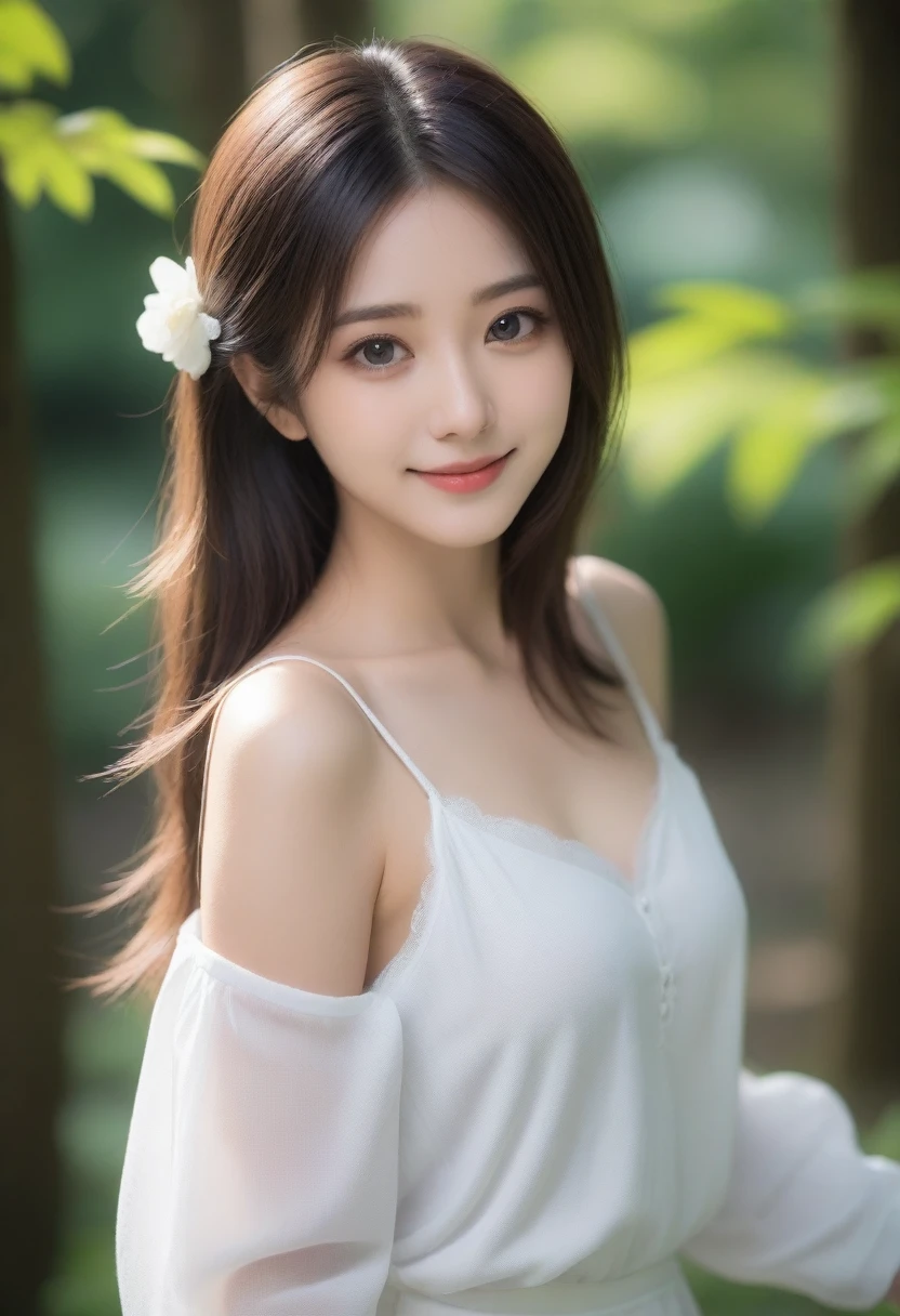 8K, Ultra-high resolution, Highest quality, masterpiece, 三分割法によるphotograph,Surreal, photograph, 1 girl, (16 years old:1.3), pretty girl, Cute face, Beautiful eyes in every detail, 細かくdetailedに,masterpiece,, One Girl:1.2, Japan Female Announcer,whole body,Young Wife,Girl with her back to the camera, evening, forest、Full of cleanliness,A carefree smile,Healing the heart,Semi-long layered hair,Looking at the audience、beauty,Long neck、Laugh a little、Please close your mouth and laugh、(((Ideal body type))),A-cup small breasts :2,、Portraiture:2、Perfect 、鮮明なdetailed、detailed、Surreal、Light and shadow,Strong light