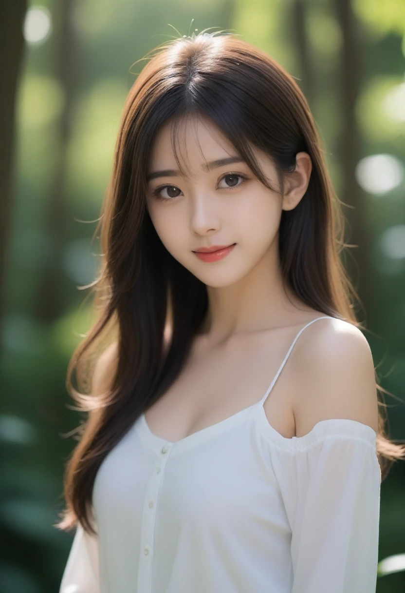 8K, Ultra-high resolution, Highest quality, masterpiece, 三分割法によるphotograph,Surreal, photograph, 1 girl, (16 years old:1.3), pretty girl, Cute face, Beautiful eyes in every detail, 細かくdetailedに,masterpiece,, One Girl:1.2, Japan Female Announcer,whole body,Young Wife,Girl with her back to the camera, evening, forest、Full of cleanliness,A carefree smile,Healing the heart,Semi-long layered hair,Looking at the audience、beauty,Long neck、Laugh a little、Please close your mouth and laugh、(((Ideal body type))),A-cup small breasts :2,、Portraiture:2、Perfect 、鮮明なdetailed、detailed、Surreal、Light and shadow,Strong light