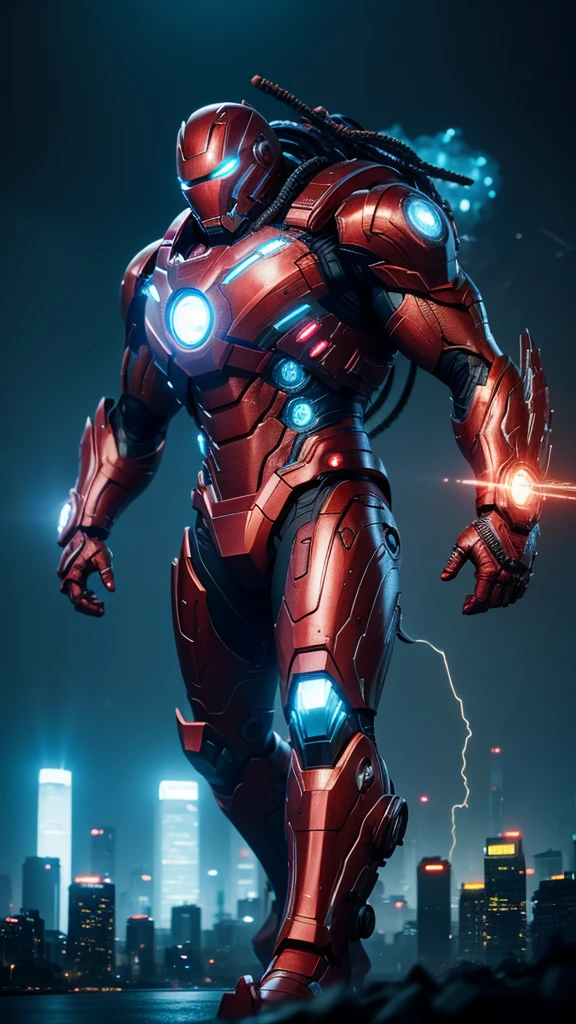 Predator from movies, wearing Ironman suit, extremely detailed, futuristic cityscape, night city, glowing neon lights, smokes, sparks, metal shavings, flying debris, blue energy effects, volumetric light, super realistic image,