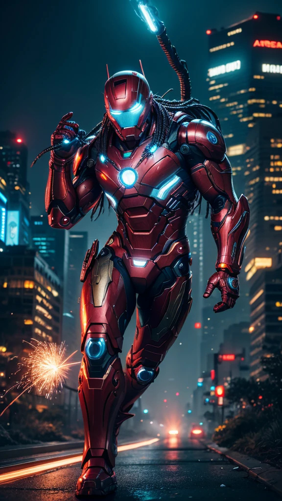 Predator from movies, wearing Ironman suit, extremely detailed, futuristic cityscape, night city, glowing neon lights, smokes, sparks, metal shavings, flying debris, blue energy effects, volumetric light, super realistic image,