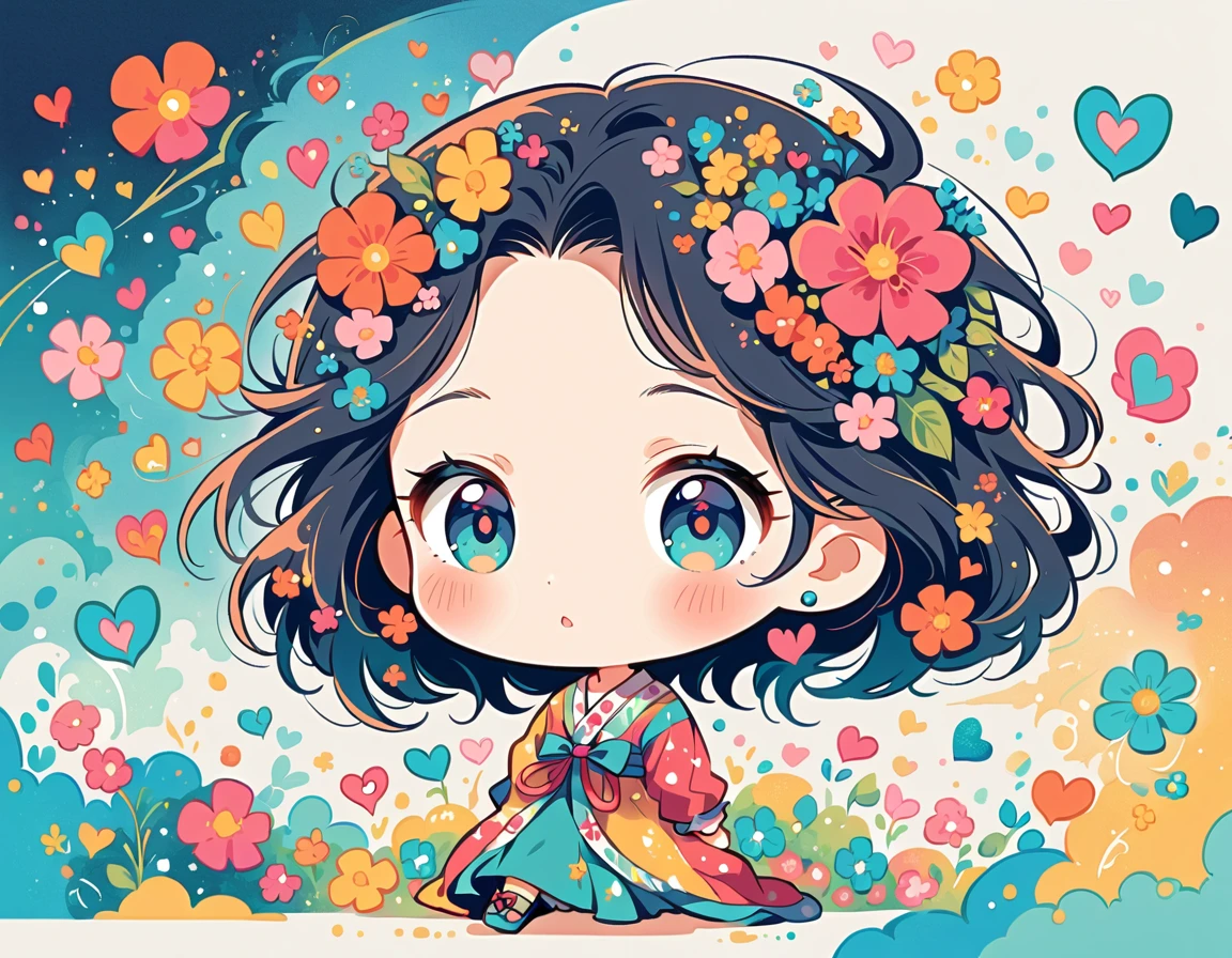 Mai Yoneyama style, Simple Line Initialism，Abstract art，Urban Background, colorful hearts ,colorful flowers, The most beautiful girl of all time, chibi