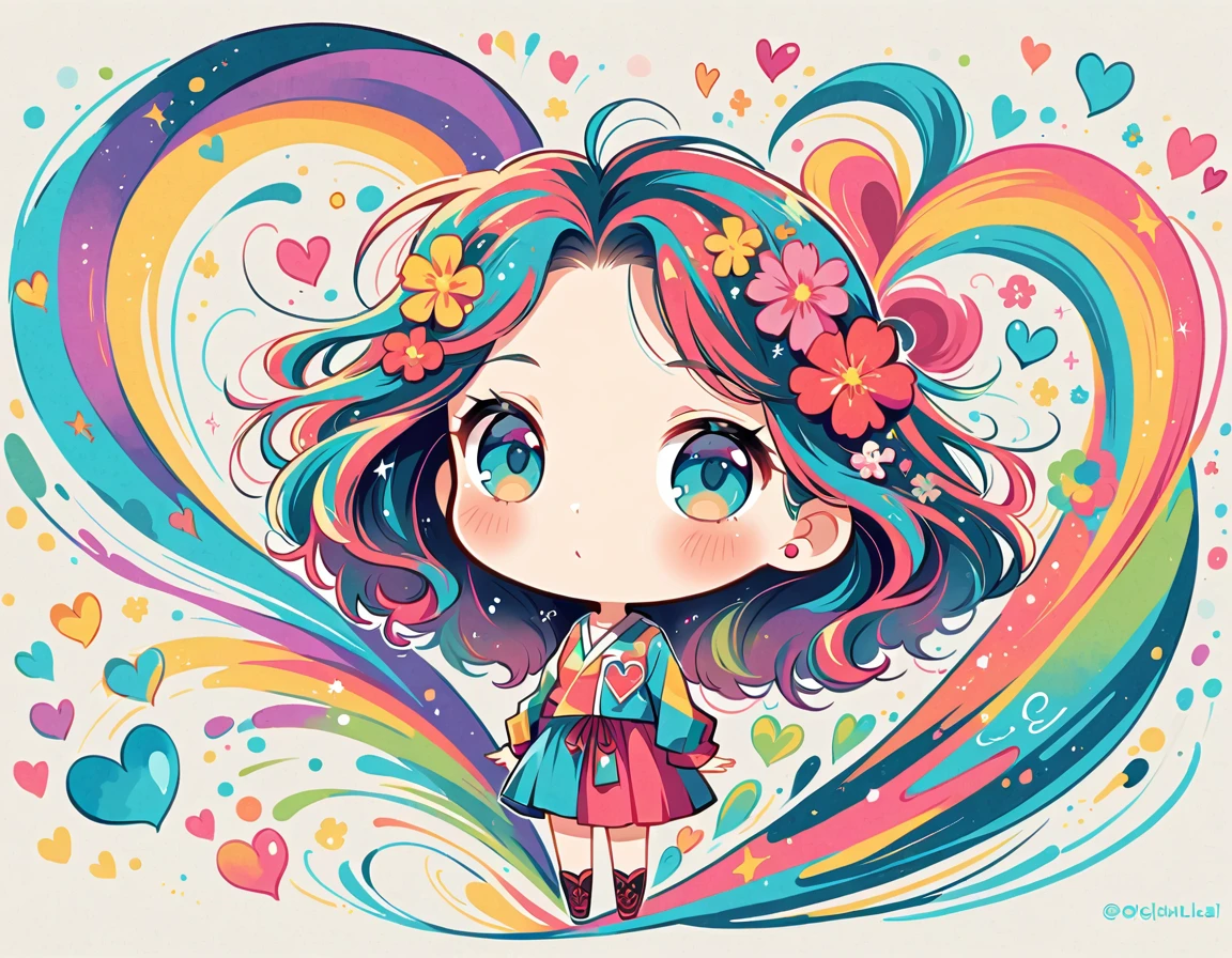 Mai Yoneyama style, Simple Line Initialism,Abstract art,Urban Background, colorful hearts ,colorful flowers, The most beautiful girl of all time, chibi