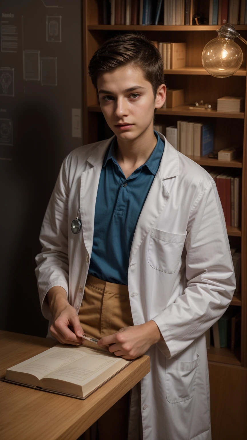 A young male twink, cute, beautiful, soft, with a beautiful face with make-up and blush, and black hair, and his eyes have dark circles under them. He is wearing a long-sleeved aquamarine shirt and white jeans. He is in the Faculty of Medicine, studying on the blackboard with brain anatomy written on it, and on his desk are scientific medical books.  And manuscripts of brain anatomy