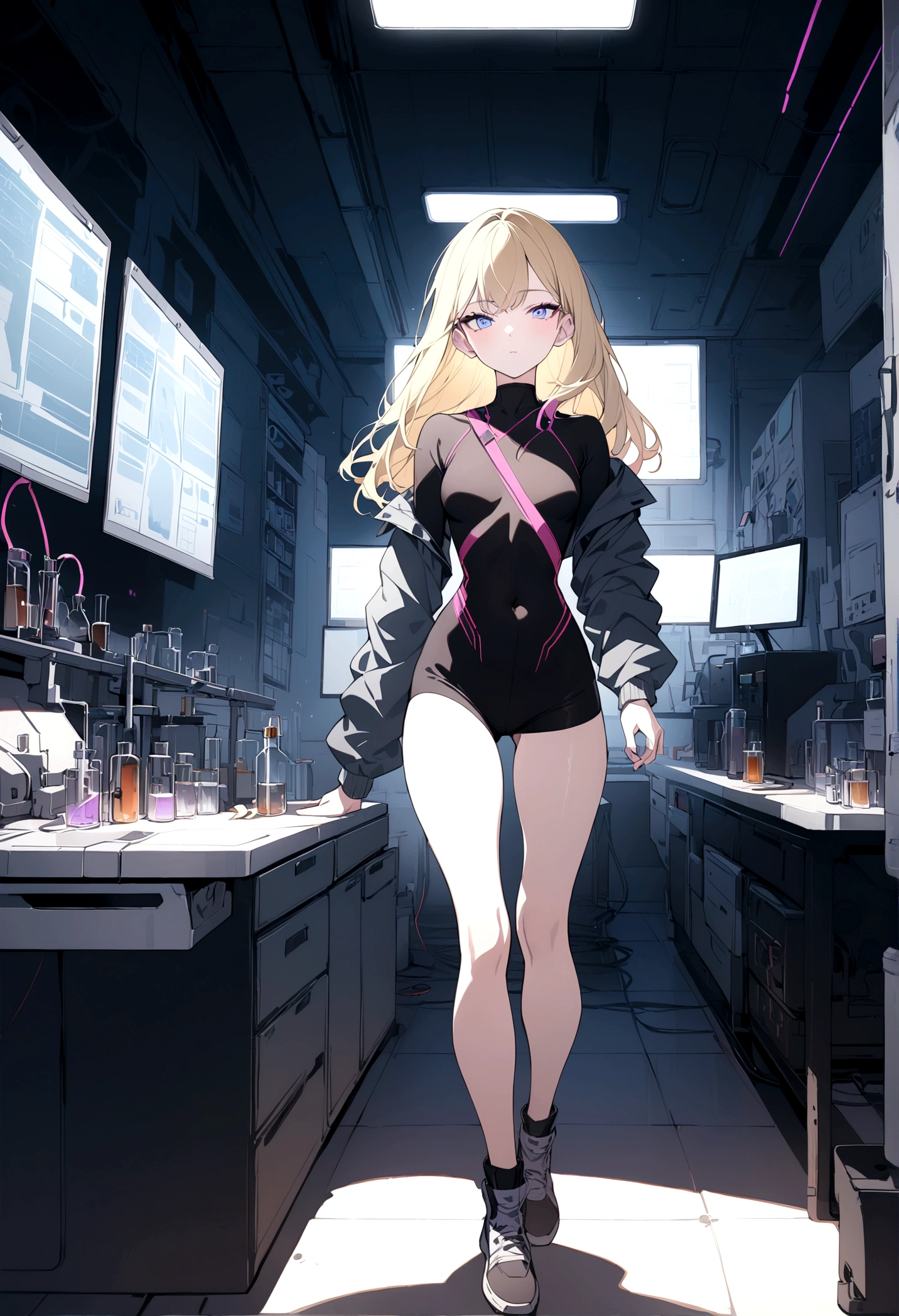 (masterpiece, 32k, 8k, laboratory setting, character walking towards the viewer) 17 year old girl, naturally beautiful face, long blonde hair with pink streaks, tight black clothes in cyberpunk style, one blue eye and one gray eye,