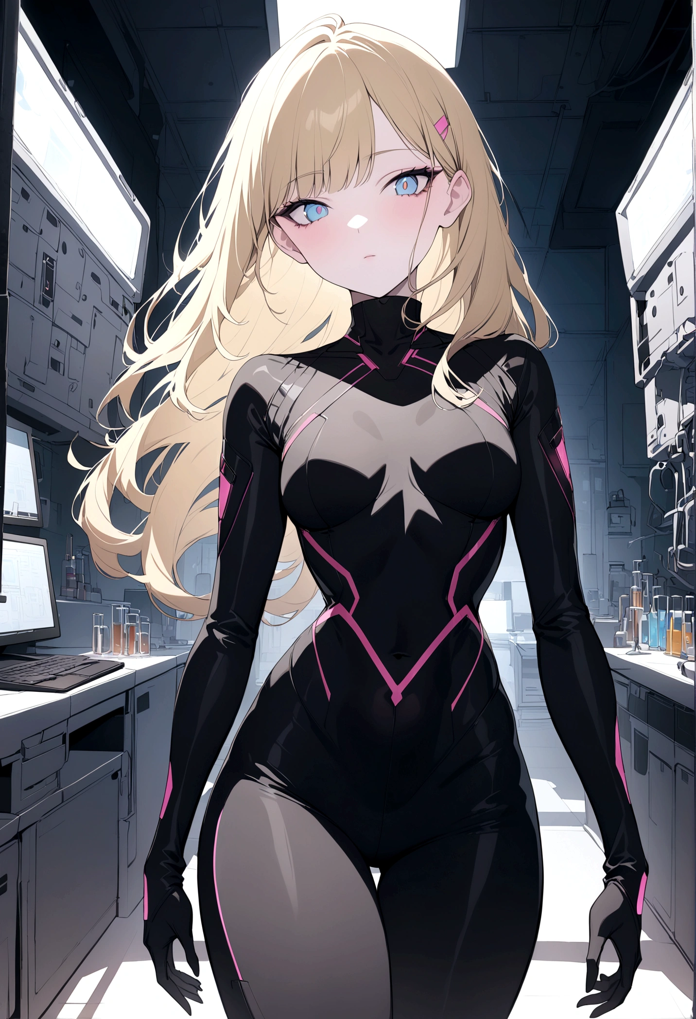 (masterpiece, 32k, 8k, laboratory setting, character walking towards the viewer)  girl, naturally beautiful face, long blonde hair with pink streaks, tight black clothes in cyberpunk style, one blue eye and one gray eye,