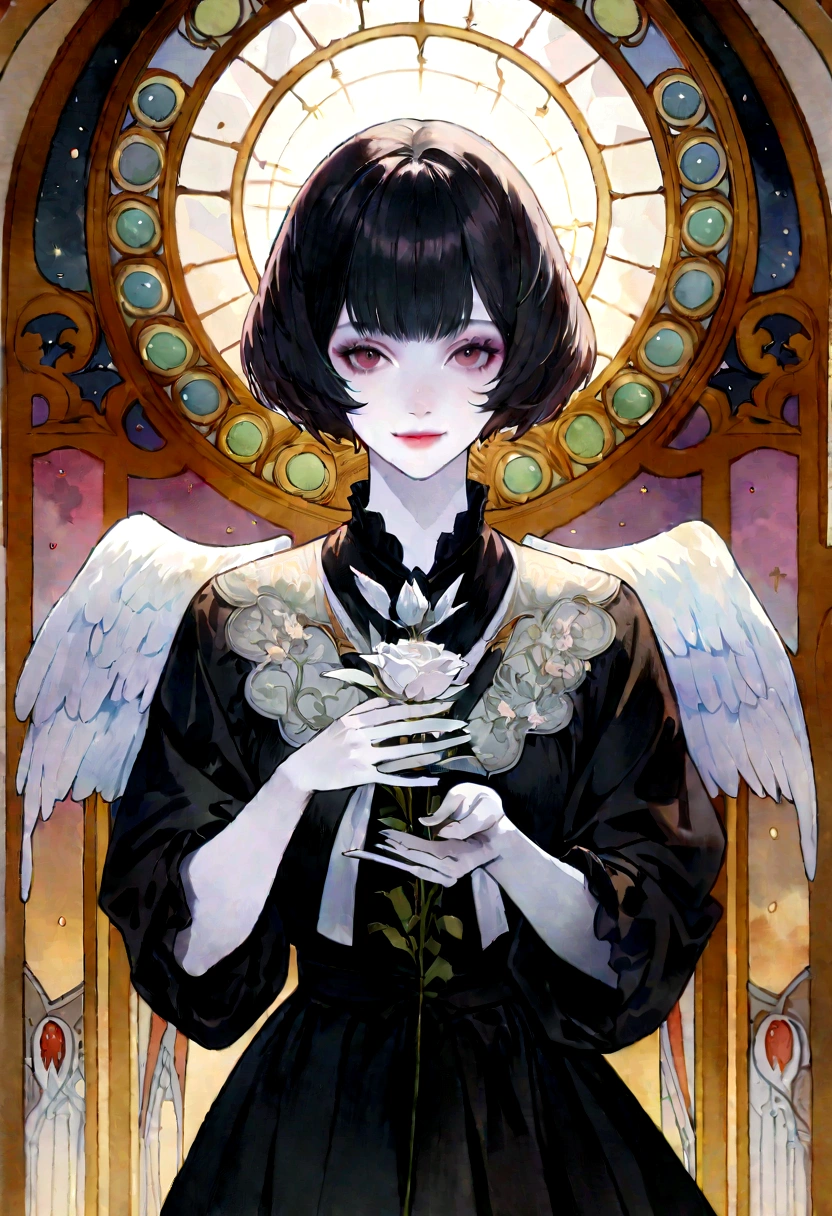 Extremely detailed and vivid watercolor paintings, Angel, Female figure, short hair, A gentle gaze, smile, flower, Detailed cover art, With wings, Holy Halo, Picking roses, アルフォンス・マリア・Muchaとギュスターヴ・キルムートのスタイル, Accents Art Nouveau, アルフォンス・Mucha, Gustavo Klimt, Pale skin, Marble sculpture, CGSesociedade, Gothic art, Art Nouveau, Behance Contest Winner、Mucha、Realistic
