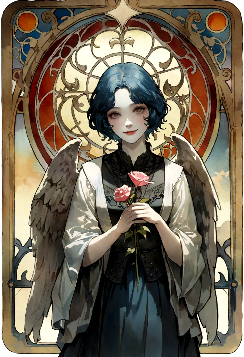 Extremely detailed and vivid watercolor paintings, Angel, Female figure, short hair, A gentle gaze, smile, flower, Detailed cover art, With wings, Holy Halo, Picking roses, アルフォンス・マリア・Muchaとギュスターヴ・キルムートのスタイル, Accents Art Nouveau, アルフォンス・Mucha, Gustavo Klimt, Pale skin, Marble sculpture, CGSesociedade, Gothic art, Art Nouveau, Behance Contest Winner、Mucha、Realistic
