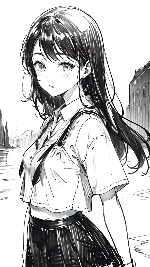 One Girl,Line art,Monochrome,sketch,Pencil drawing,Traditional Media,One Girl, skirt,Cute Teenage Girls, ,Beautiful portrait、Delicate body、Black Hair、Black Hair,landscape