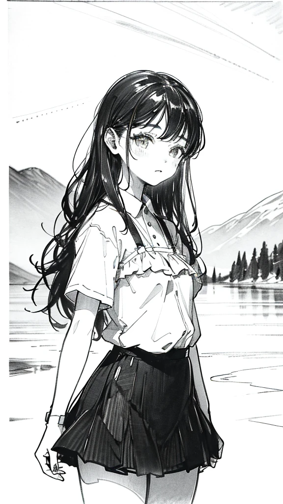 One Girl,Line art,Monochrome,sketch,Pencil drawing,Traditional Media,One Girl, skirt,Cute age Girls, ,Beautiful portrait、Delicate body、Black Hair、Black Hair,landscape