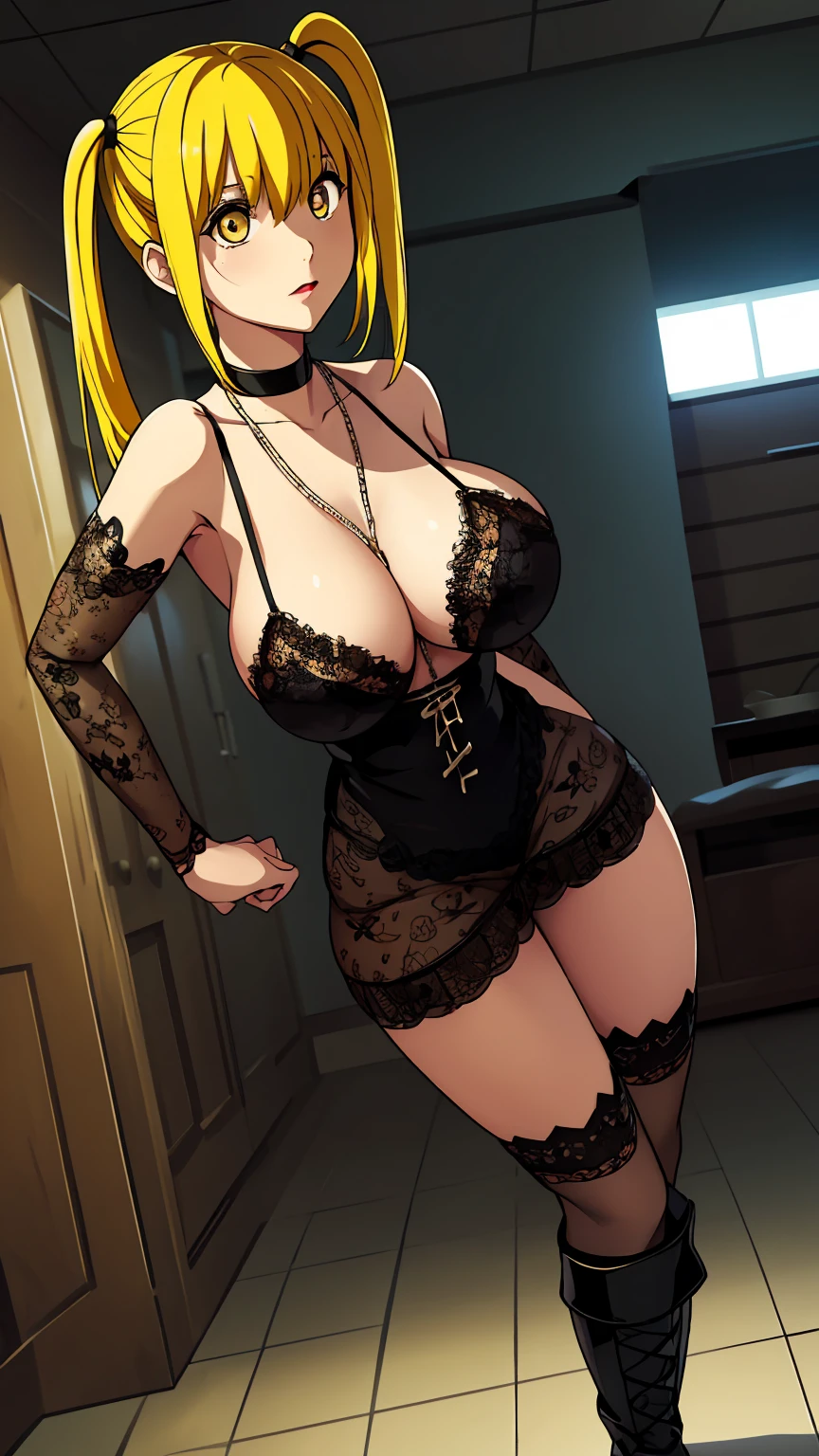 misaamane, misa amane, long hair, bangrown eyes:1.7), (yellow hair:1.5), blunt bangs, red lips, lipstick, solo, 1girl,
BREAK thighhighs, dress, jewelry, collarbone, boots, detached sleeves, choker, black thighhighs, necklace, black , cross, red nails, cross necklace,
BREAK looking at viewer,
BREAK indoors,
BREAK (masterpiece:1.2), best quality, high resolution, unity 8k wallpaper, (illustration:0.8), (beautiful detailed eyes:1.6), extremely detailed face, perfect lighting, extremely detailed CG, (perfect hands, perfect ), (((light brown eyes))), (((gigantic breasts))), (((two ponytails)))