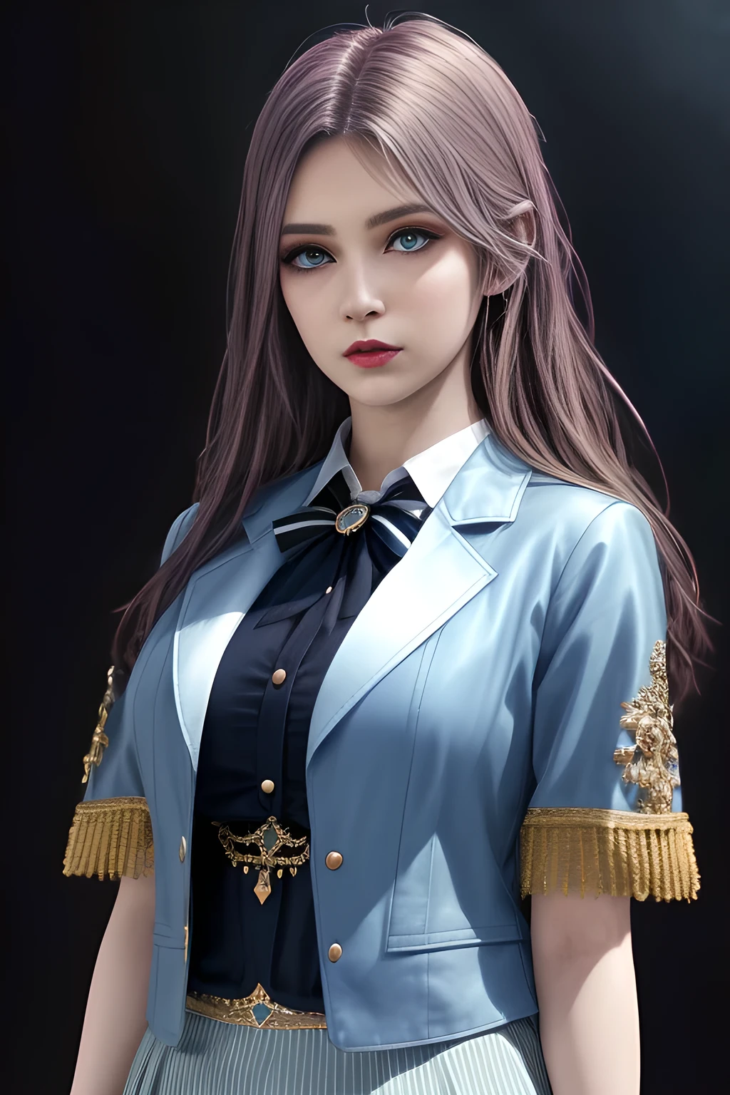 1girl,The upper body is a dark blue short-sleeved suit jacket, paired with a white shirt and a black tie. The jacket is decorated with white stripes, which adds a sense of fashion and layering. The lower body is a dark blue skirt that matches the jacket, ,beautiful detailed eyes, beautiful detailed lips, extremely detailed eyes and face, long eyelashes, best quality, 4k, 8k, highres, masterpiece, ultra-detailed, realistic, photorealistic, photo-realistic, ethereal glow, regal elegance, intricate details, luxurious, otherworldly beauty, dark atmospheric background, supernatural aura,  elise,