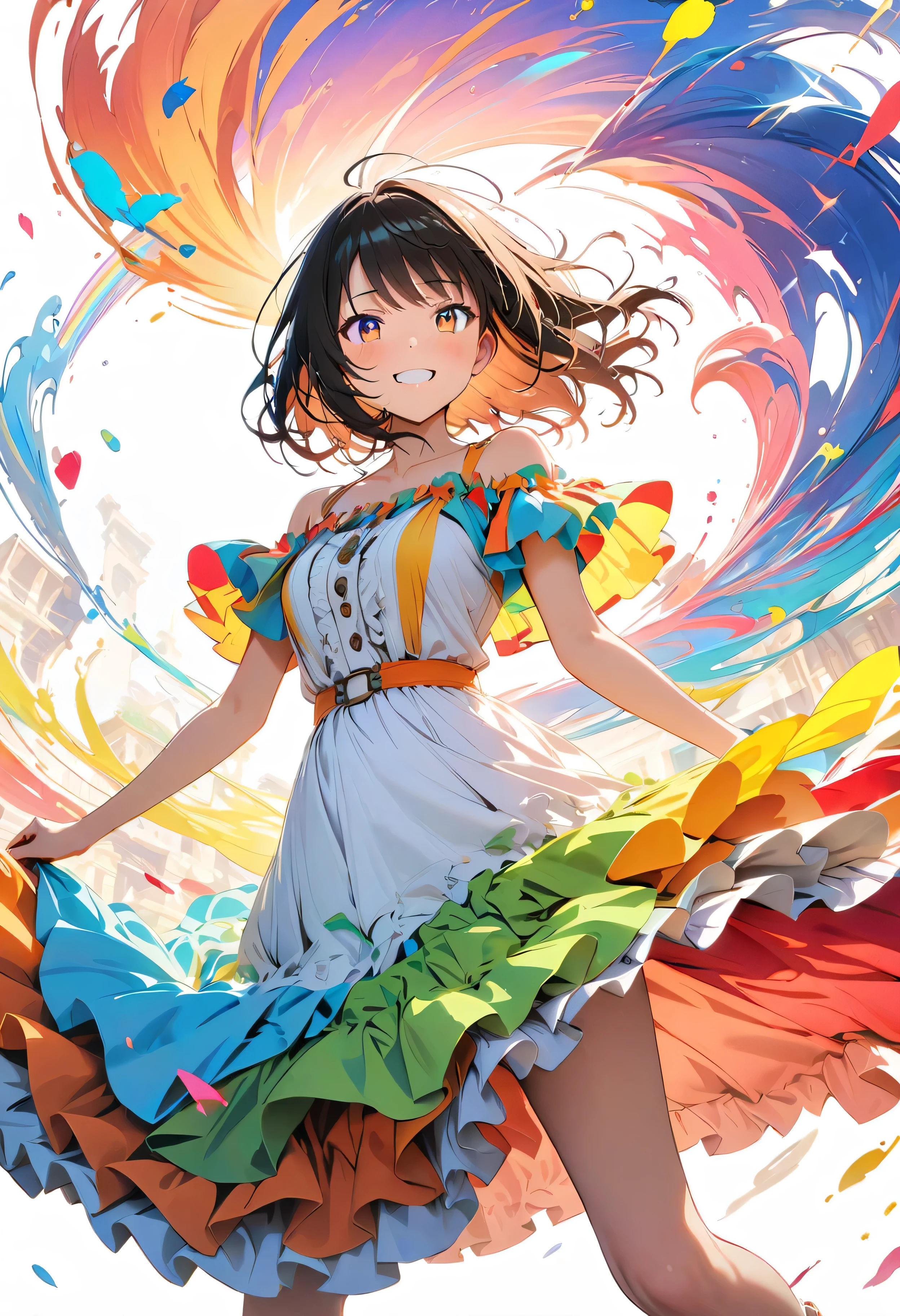 (masterpiece, Highest quality, Official Art:1.2), (colorful), Looking at the audience, One Girl, alone, White Background, floating colorful water, Ultra-fine illustrations, highly detailed, Dynamic Angle, beautiful detailed, 8K, break smiling amidst the colorful scenes, (Highest quality, masterpiece, High resolution, detailed), Anime Style, (Shining Eyes, detailed美しい顔), break,Dynamic Angle