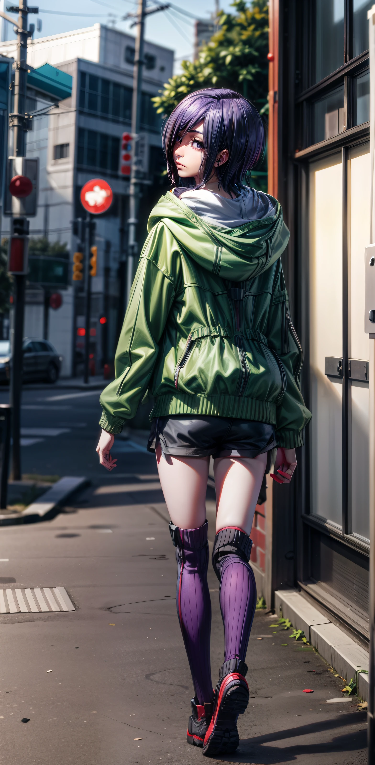 green hoodie, shorts, red thighhighs Beautiful face, blue-purple hair, blue-purple eyes, cold facial features, white skin, Kirishima Touka, Tokyo Ghoul 