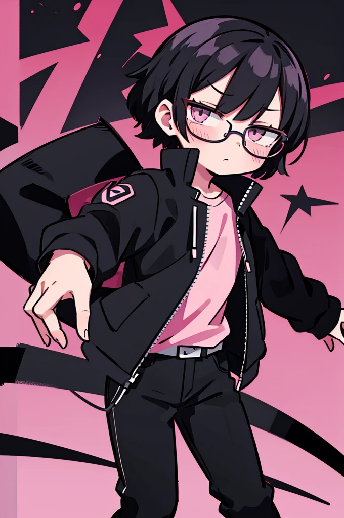 black pants, Sharp image, man, Black hair with pink ends, wearing a pink jacket. , has a dull, bored face, wears round glasses, has short, neat hair,