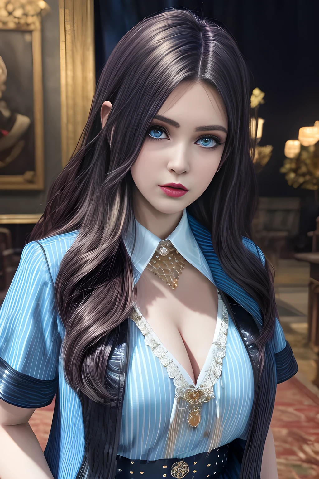 1girl,The upper body is a dark blue short-sleeved suit jacket, paired with a white shirt and a black tie. The jacket is decorated with white stripes, which adds a sense of fashion and layering. The lower body is a dark blue skirt that matches the jacket, ,beautiful detailed eyes, beautiful detailed lips, extremely detailed eyes and face, long eyelashes, best quality, 4k, 8k, highres, masterpiece, ultra-detailed, realistic, photorealistic, photo-realistic, ethereal glow, regal elegance, intricate details, luxurious, otherworldly beauty, dark atmospheric background, supernatural aura,  elise,