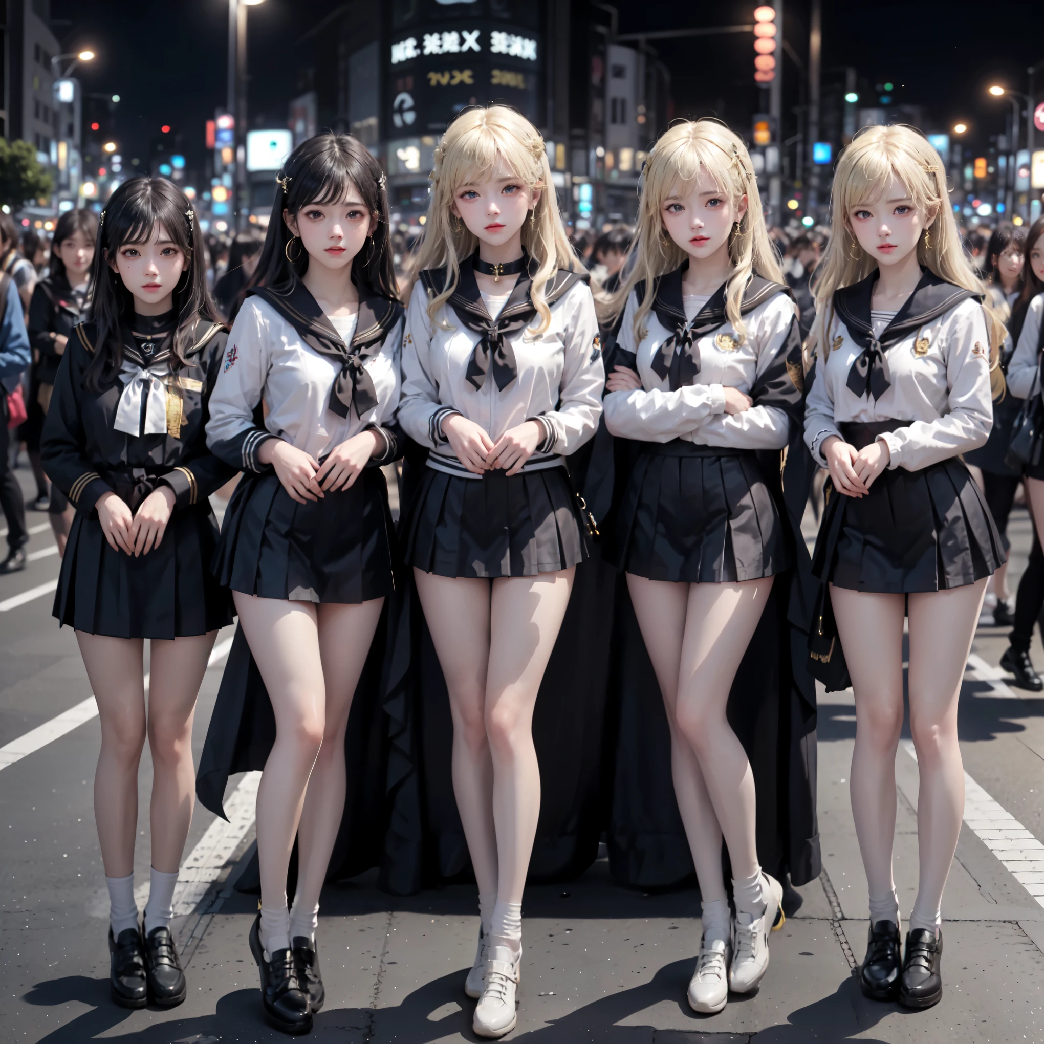 masterpiece, top-quality, top-quality, Beautifully Aesthetic:1.2, ((3 girls)),
((Middle girl is Wearing a high-quality black sailor collar, micro miniskirt):1.2), high detailed,
((Left girl is Wearing a high-quality black sailor uniform, micro miniskirt):1.2), high detailed,
((Right girl is Wearing a high-quality black sailor collar, micro miniskirt):1.2), high detailed,
(Three girls are standing side by side in a neat line:1.3), large breasts, firm breast, nicely shaped breasts, slender figure,
(((Bleached gold Hair))), wavy hair, (short hair:1.2),
((At the middle of most crowded Shibuya Scramble Crossing at late night:1.2)), ((Surrounded by many women dancing for Three girls)), (Full body shot:1.1), (Looking at viewer), women only